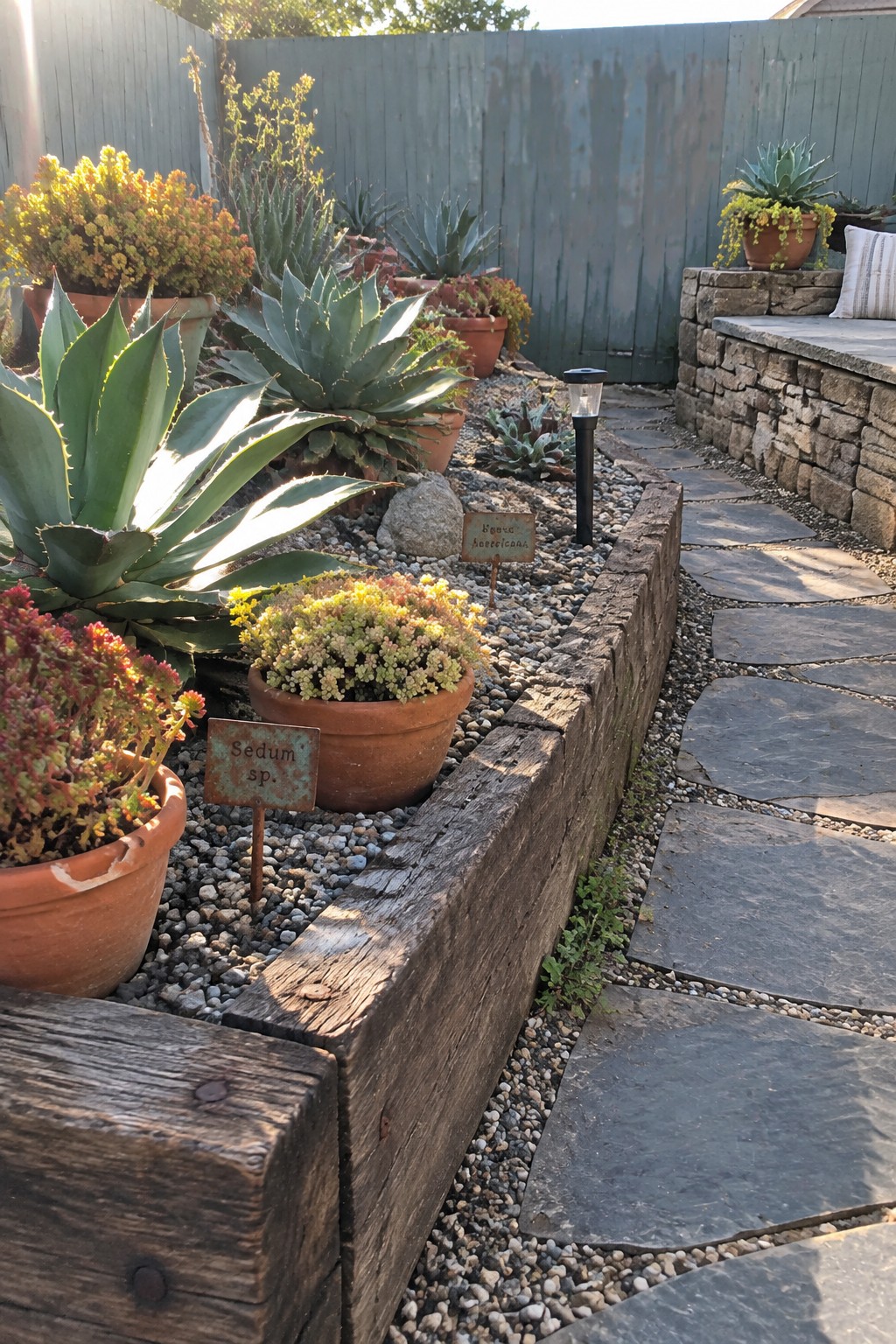 A timber-edged gravel garden with potted succulents, agave plants, and a slate stepping-stone path.