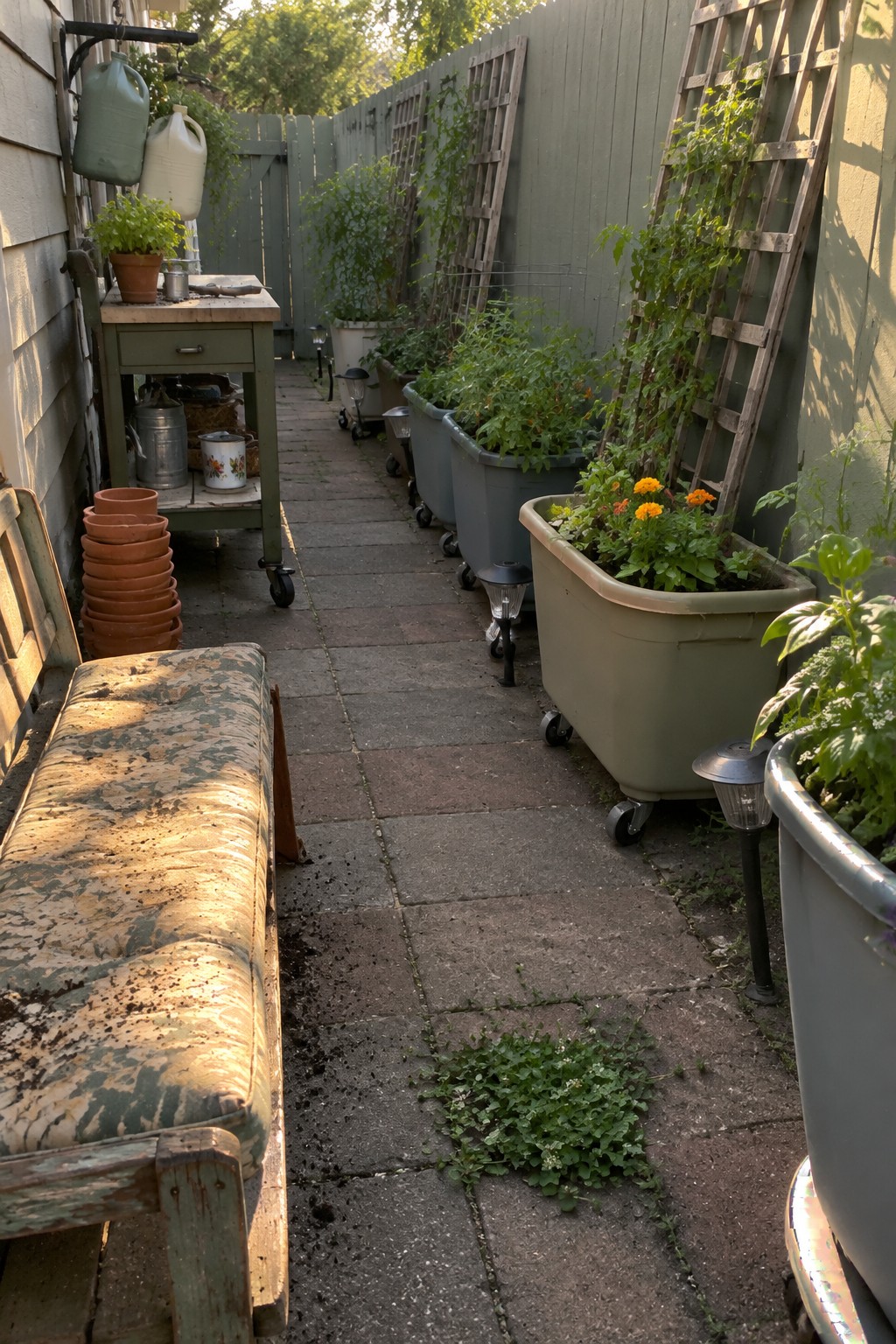A narrow paved patio walkway runs between a bench and several large rolling planters filled with plants.