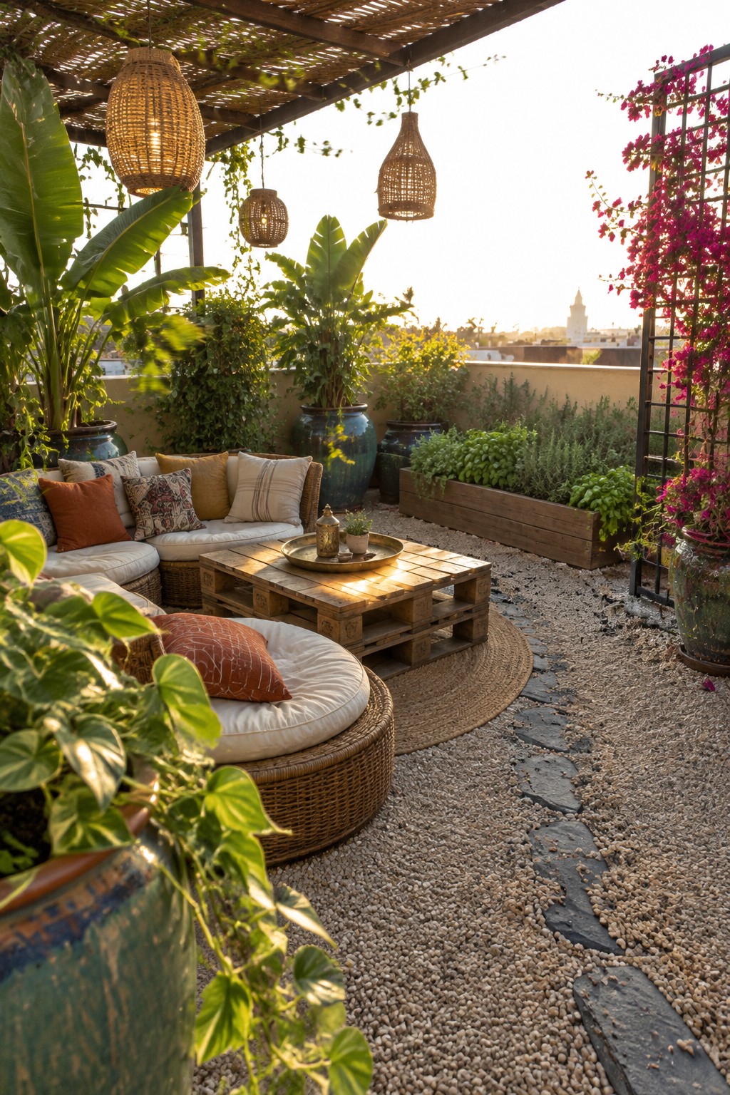 A rooftop patio has low cushioned seating around a wooden pallet coffee table, with potted plants and a gravel path.