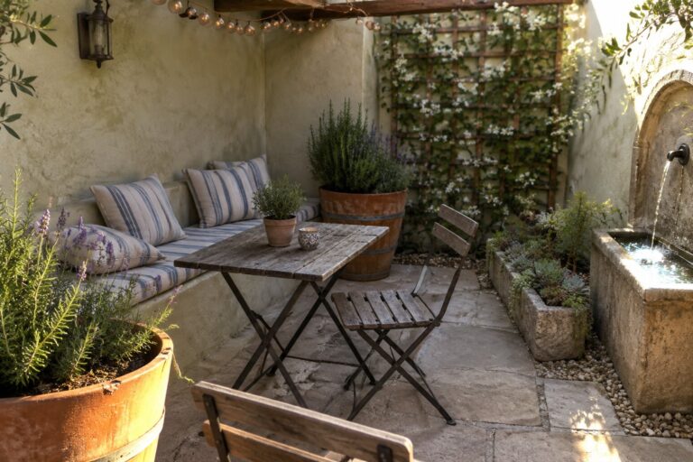23 Practical Small Patio Garden Design Ideas for Apartment Outdoor Spaces A small stone patio has a folding wooden table and chairs beside a cushioned built-in bench, potted plants, and a wall fountain.