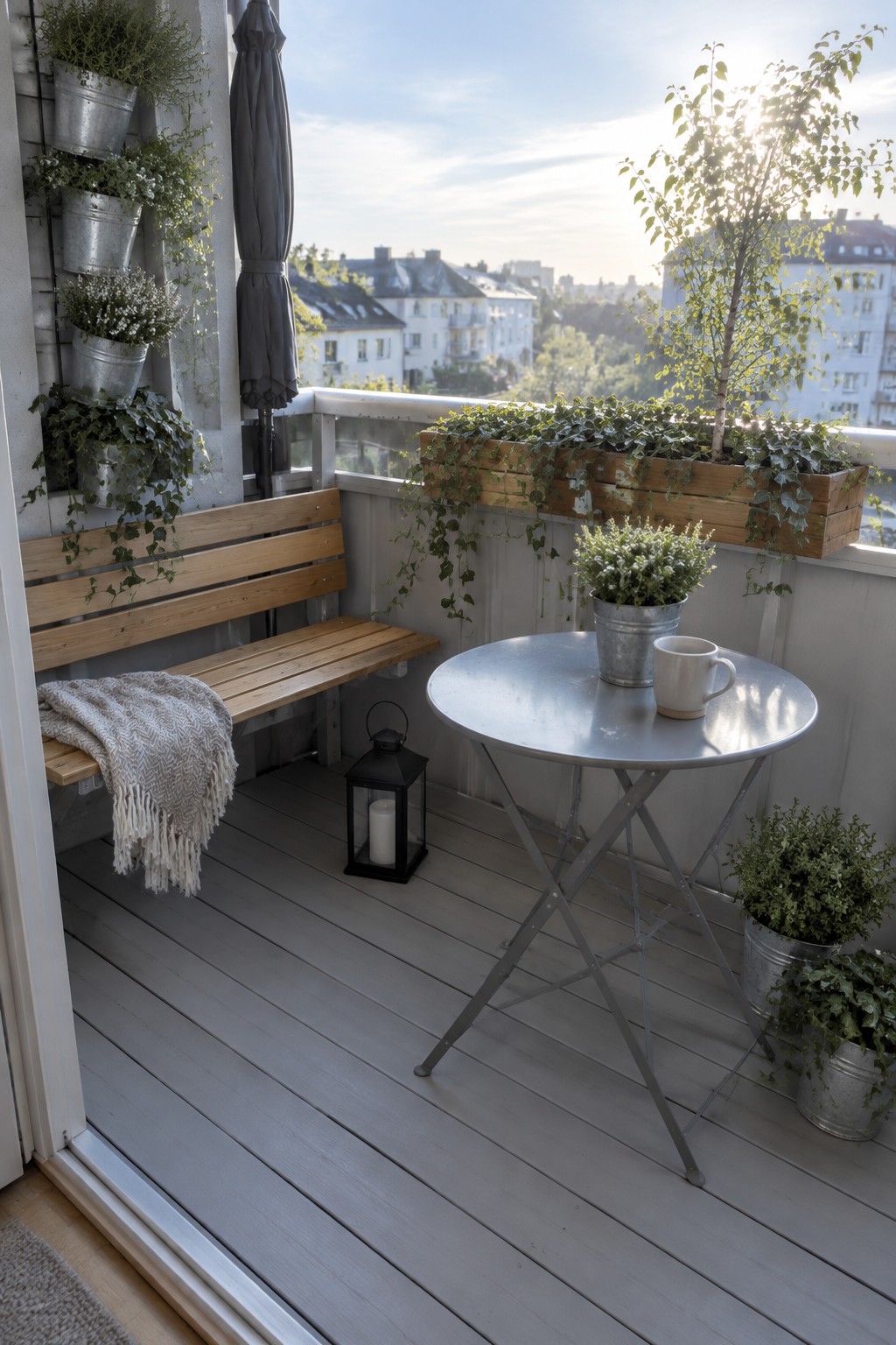 A wooden bench and round folding table sit on a narrow balcony with planter boxes and potted plants.