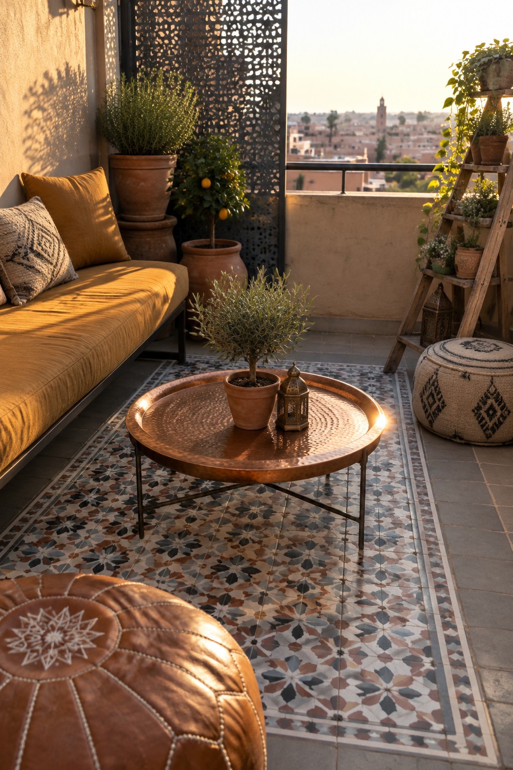 A small tiled balcony with an outdoor sofa, round copper coffee table, potted plants, and a woven floor cushion.