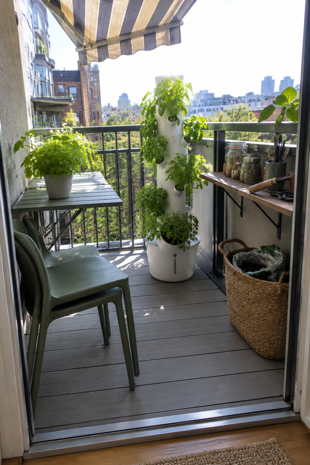 A narrow apartment balcony with a white vertical planter filled with leafy plants.