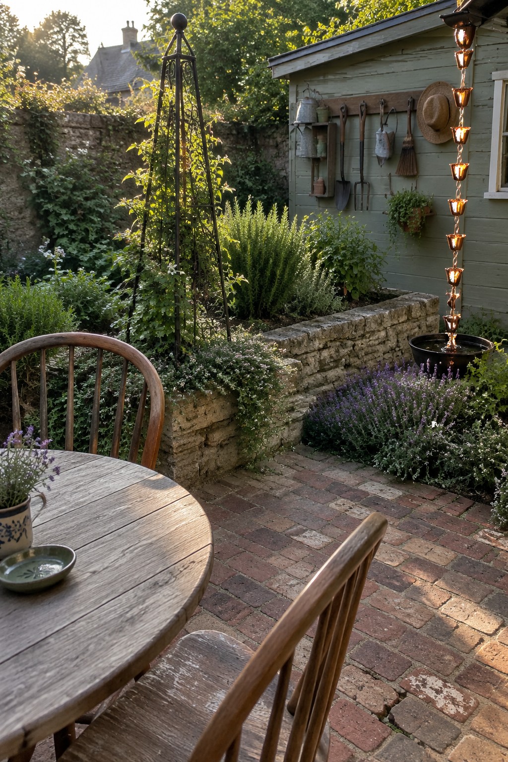 A small brick patio with a round wooden table and chairs beside raised garden beds and a pale green shed.