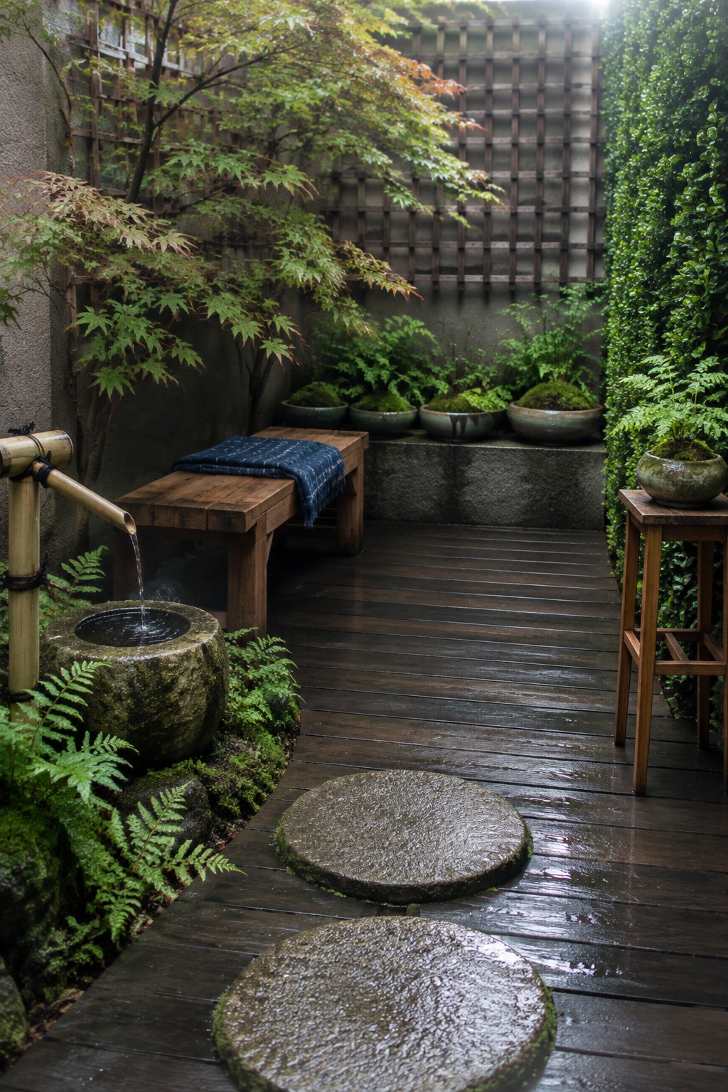 Round stone stepping stones sit in a wet wooden garden walkway beside ferns, potted plants, and a small water basin.