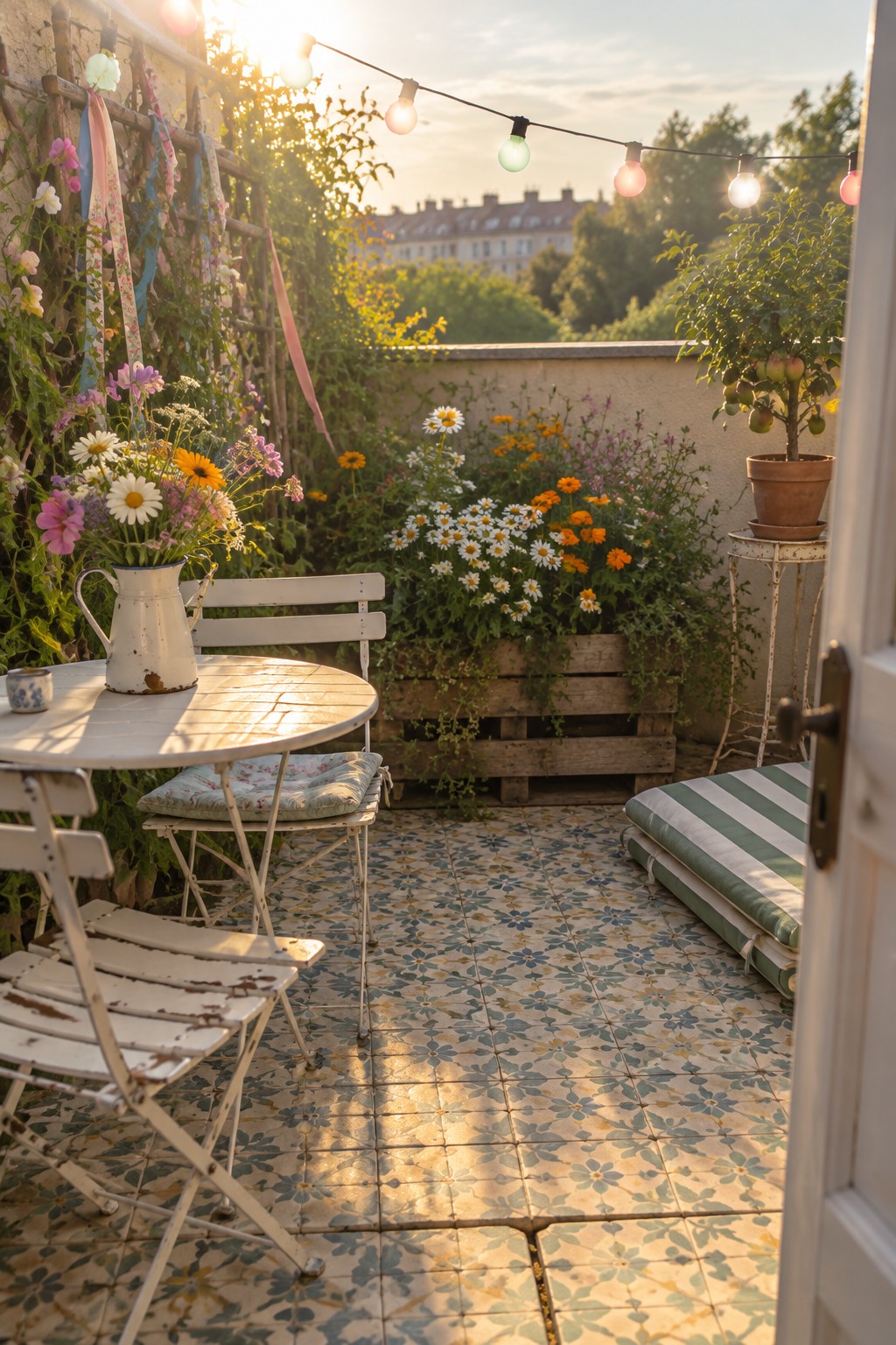 A small tiled patio with a white bistro table, flowering plants, a potted tree, and a strand of colored bulbs overhead.
