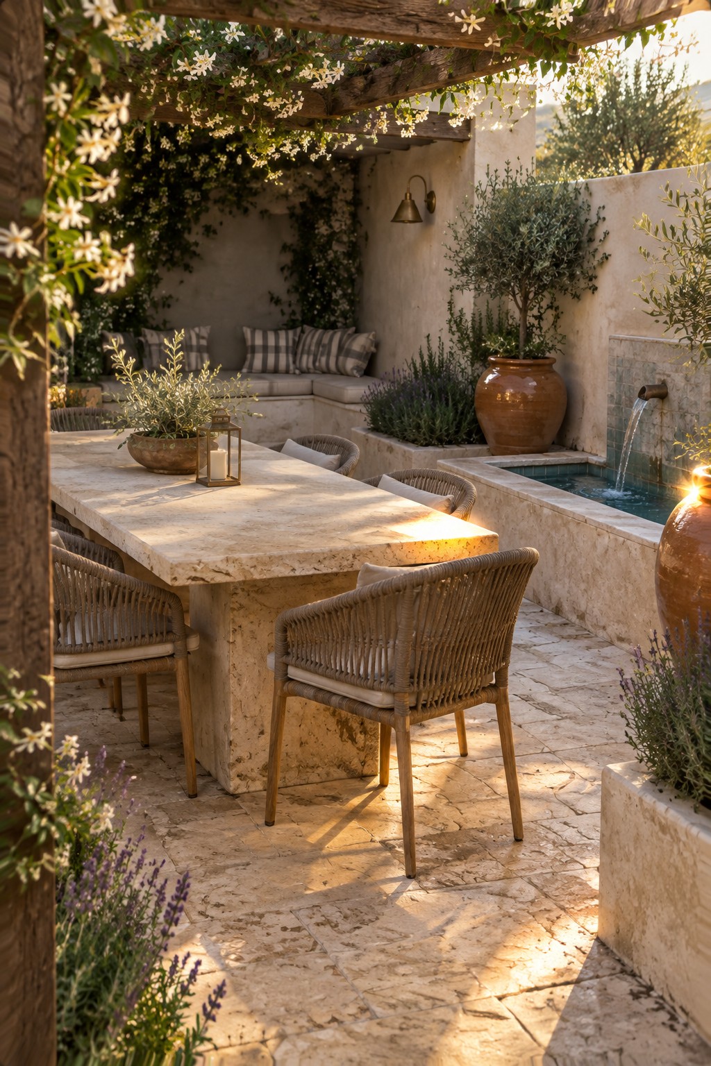A stone patio dining area with wicker chairs, a lantern on the table, flowering vines overhead, and a small water feature beside a built-in bench.