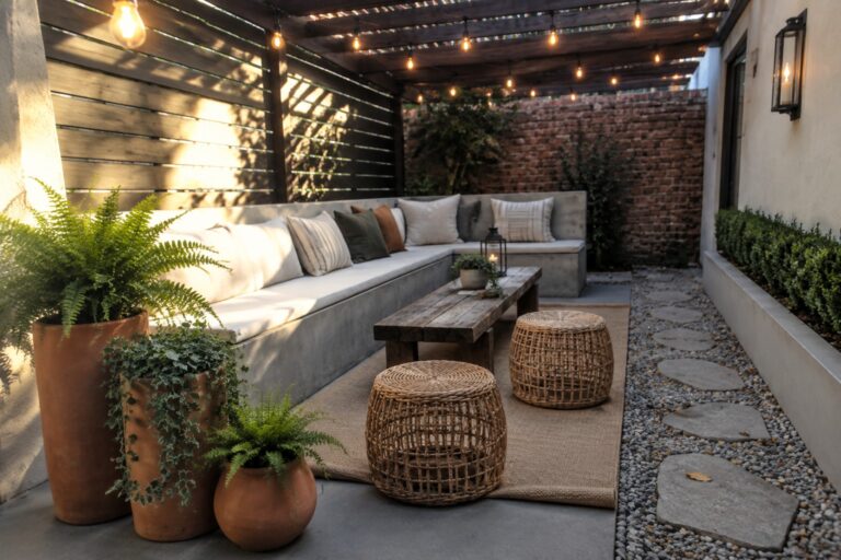 21 Simple Patio Garden Lighting Ideas to Highlight Plants, Paths, and Seating A covered patio with a built-in bench, wooden coffee table, potted plants, and string lights beneath a dark pergola.