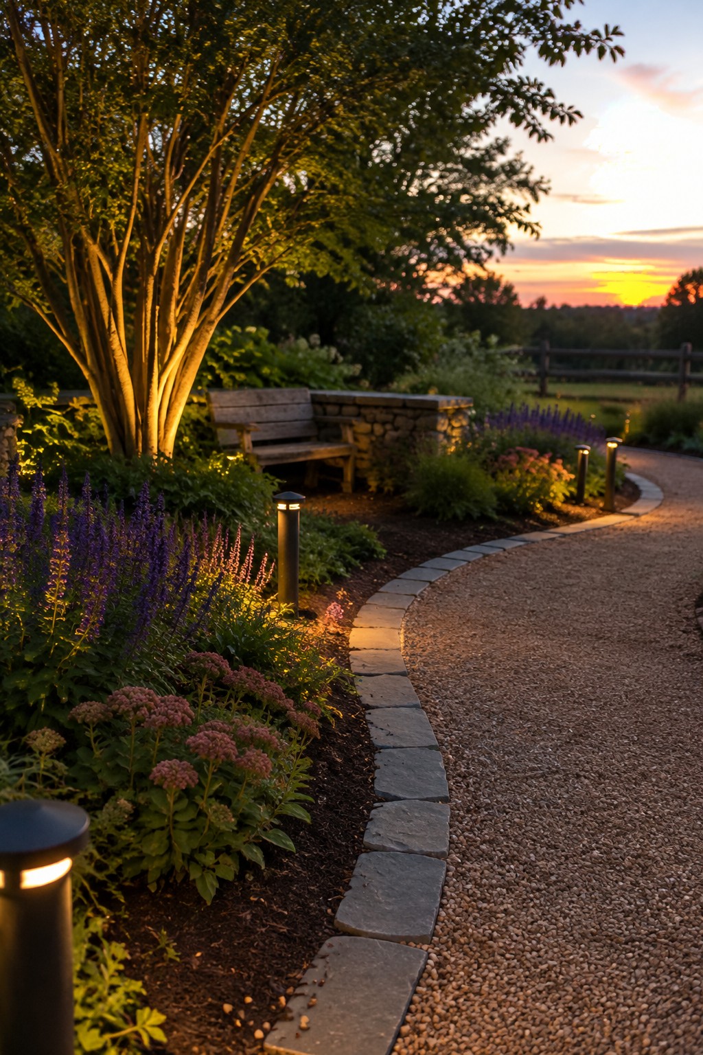 Low garden lights illuminate a curved stone-edged gravel path beside flower beds and a wooden bench at sunset.