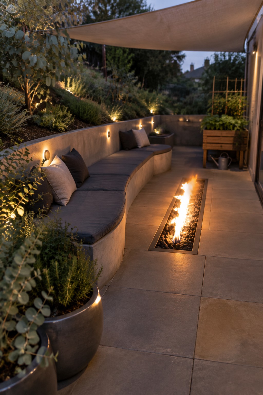 A curved built-in patio bench beside a narrow linear fire pit, with garden plants and wall lights.