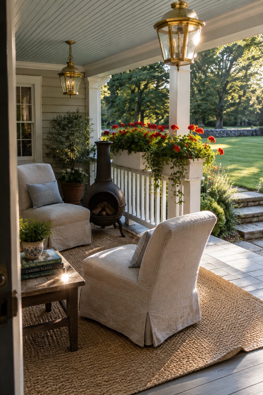 Two hanging brass lanterns light a covered porch with cushioned chairs, a chiminea, and red flowers in a railing planter.