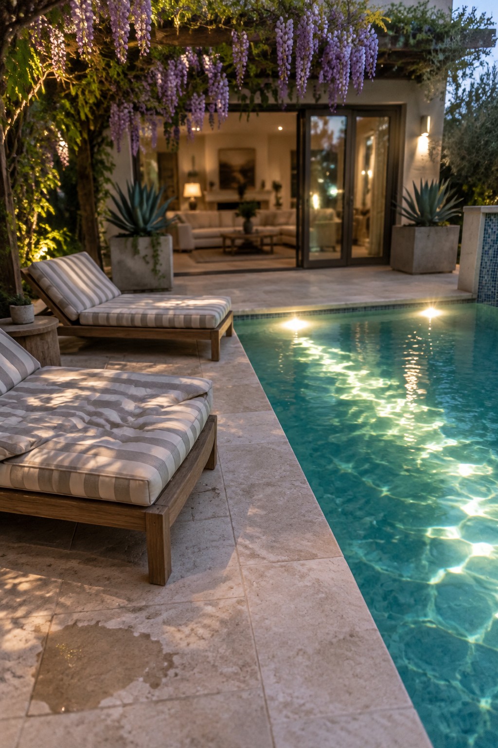 A stone pool patio at dusk with striped chaise lounges, illuminated pool water, potted plants, and hanging purple flowers.