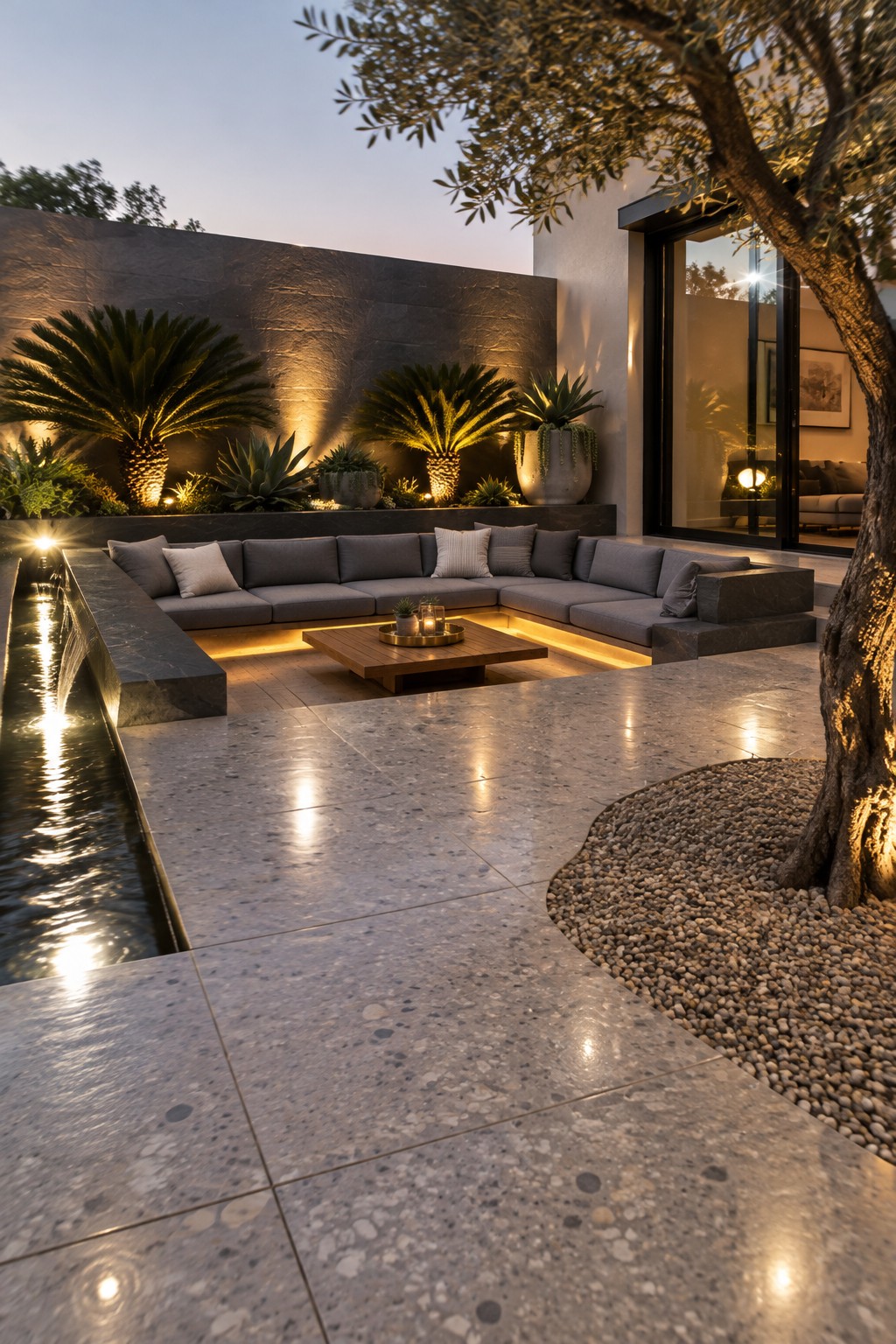 A sunken outdoor seating area with warm lights along its edges, a low table, planters, and a narrow water feature.