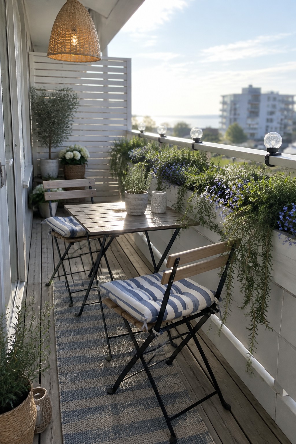 A narrow balcony with a wooden dining table, folding chairs, planters, and small globe lights attached to the railing.