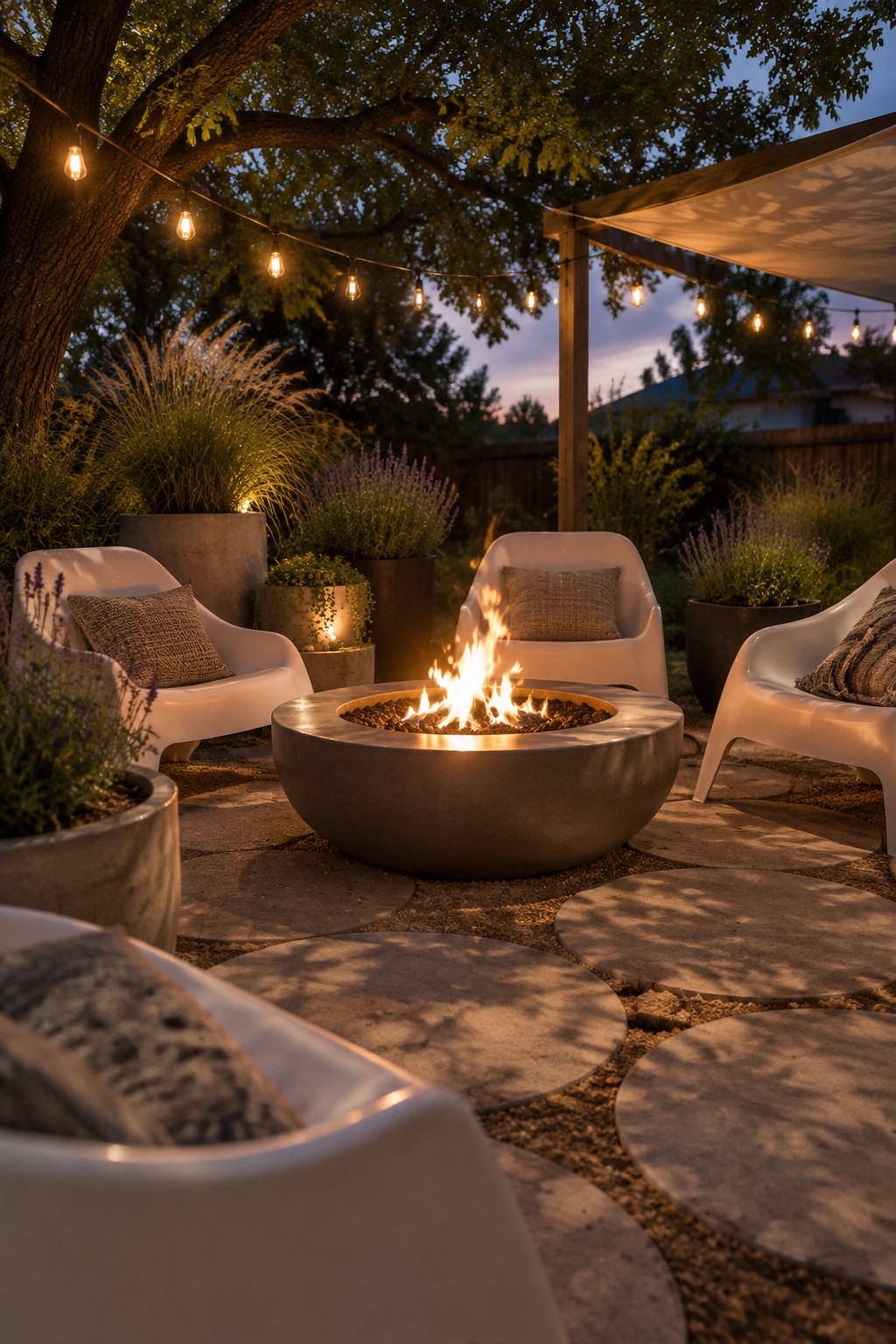 A round fire pit surrounded by outdoor chairs beneath string lights hanging from a tree and pergola.