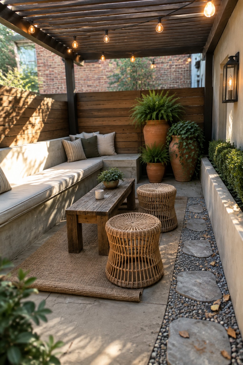 A covered patio with a built-in bench, wooden coffee table, potted plants, and string lights beneath a dark pergola.