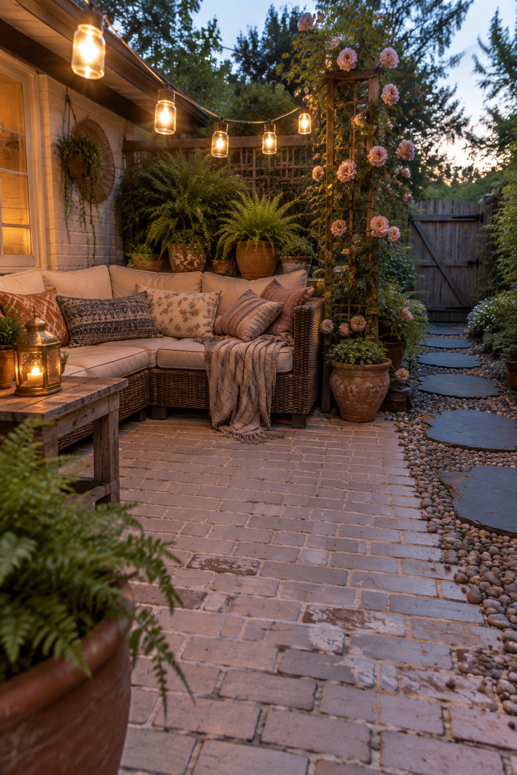 A patio seating area with string lights overhead, a lantern on a wooden table, potted ferns, and a rose-covered trellis beside a stepping-stone path.