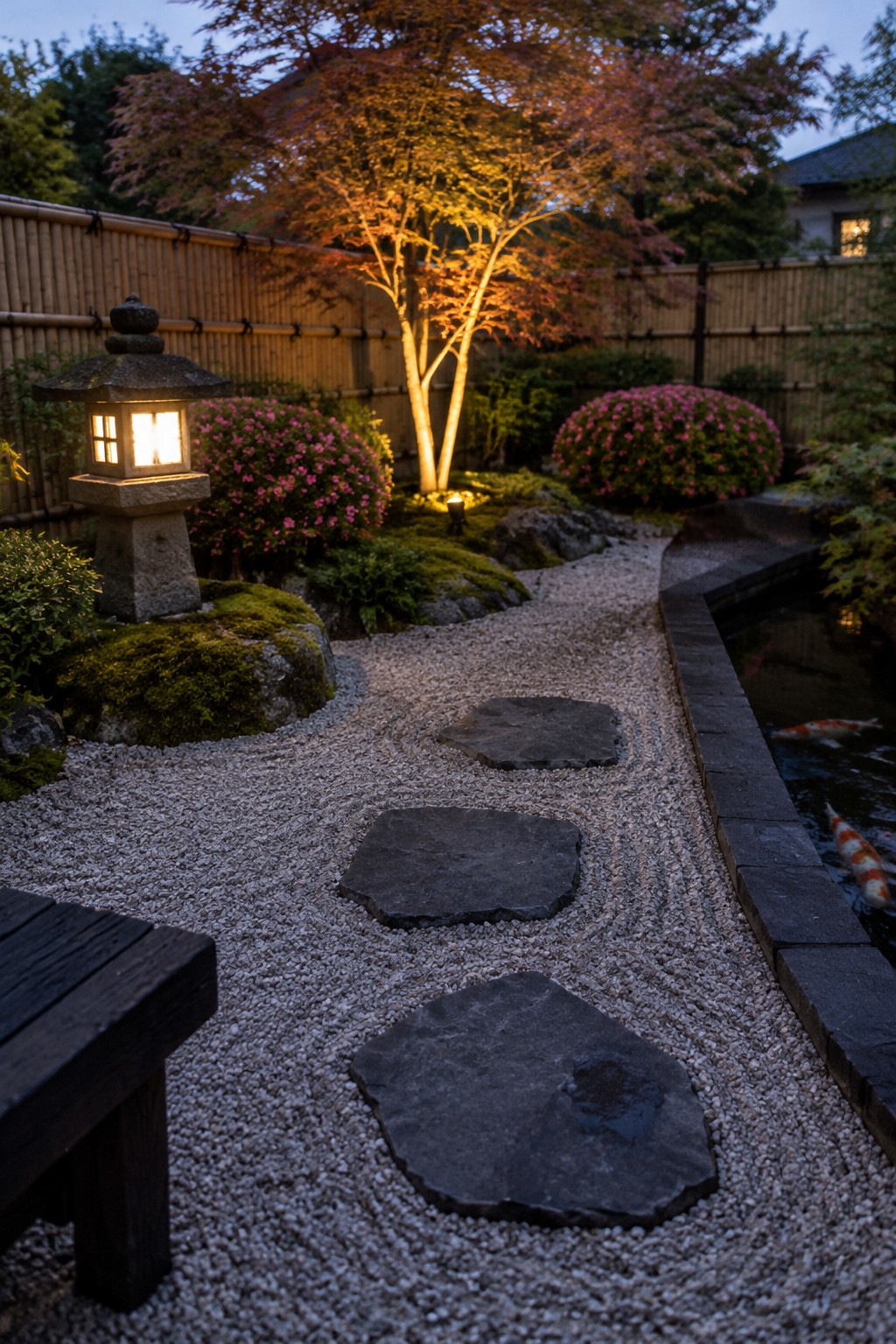 A gravel garden path with stepping stones passes a lit maple tree, a stone lantern, flowering shrubs, and a pond.