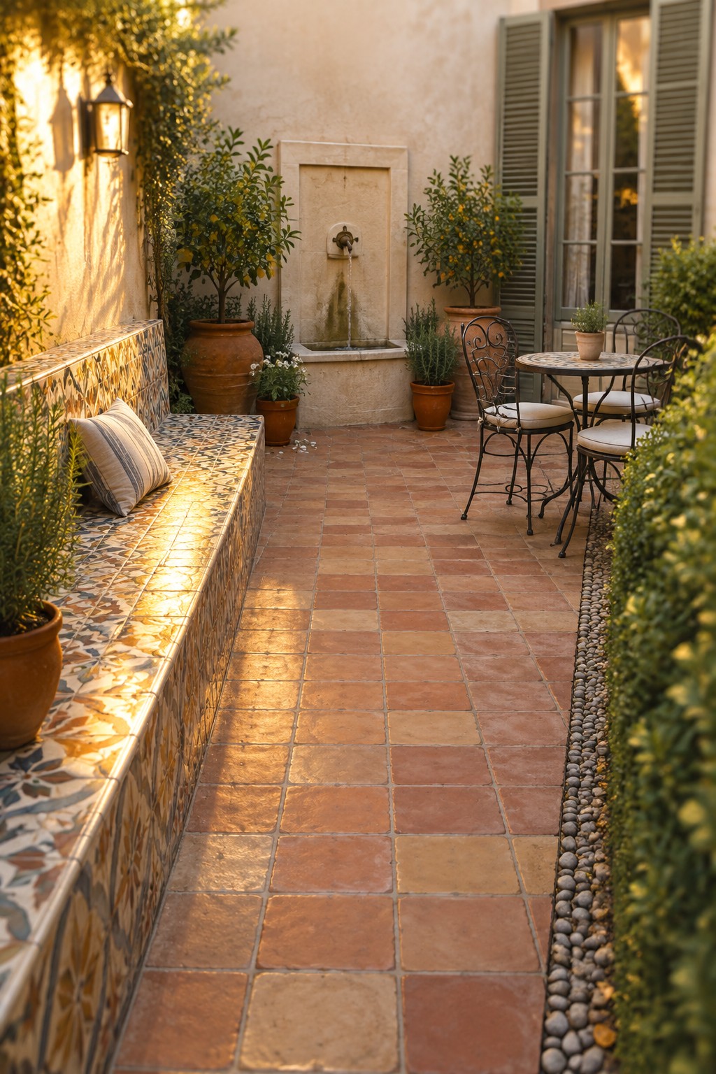 A narrow terracotta-tiled patio has a long mosaic-tiled bench along one side, with a fountain at the far end and a small table and chairs near the house.