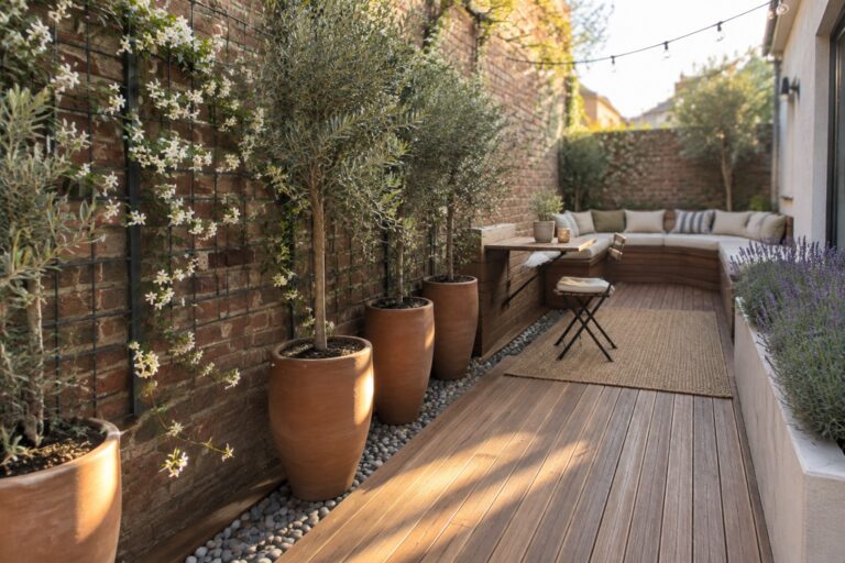 A narrow brick-walled patio with a central wooden walkway, built-in benches, potted trees, and flowering plants.