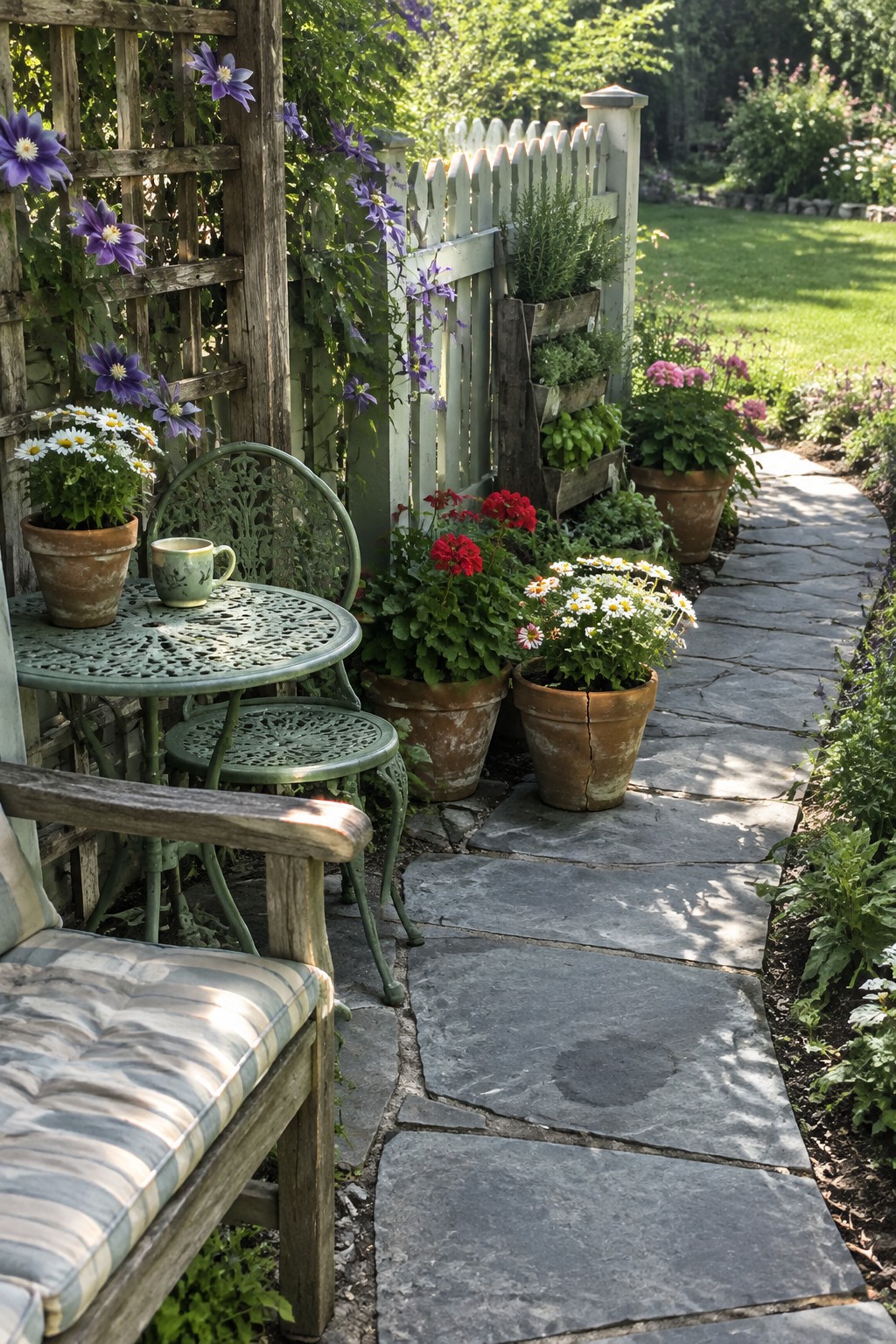 Irregular gray stone slabs form a curving path beside a white picket fence, flower pots, and a small metal patio table.