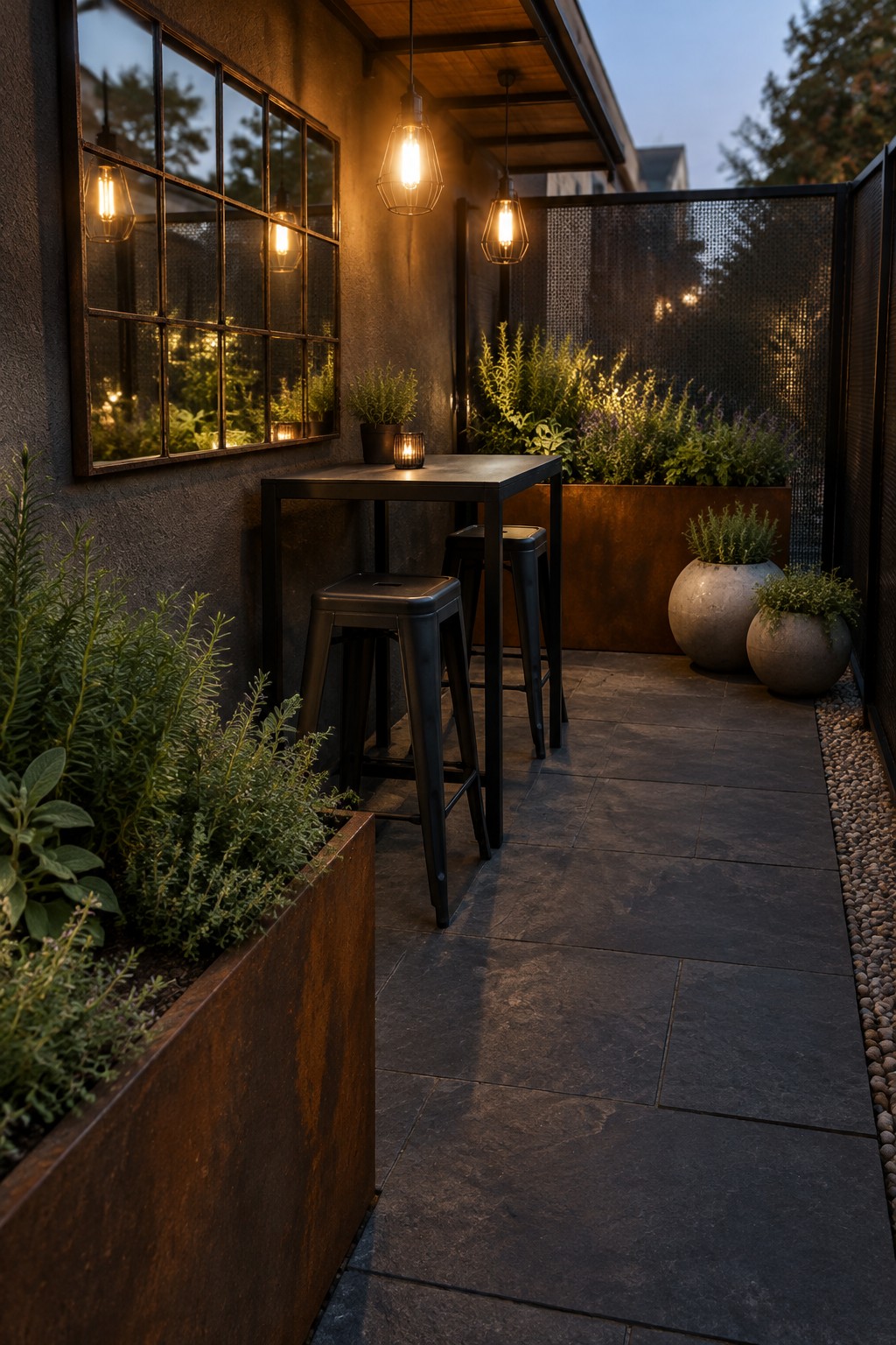 A narrow patio with a high black table, stools, hanging lights, raised planters, and a stone walkway.