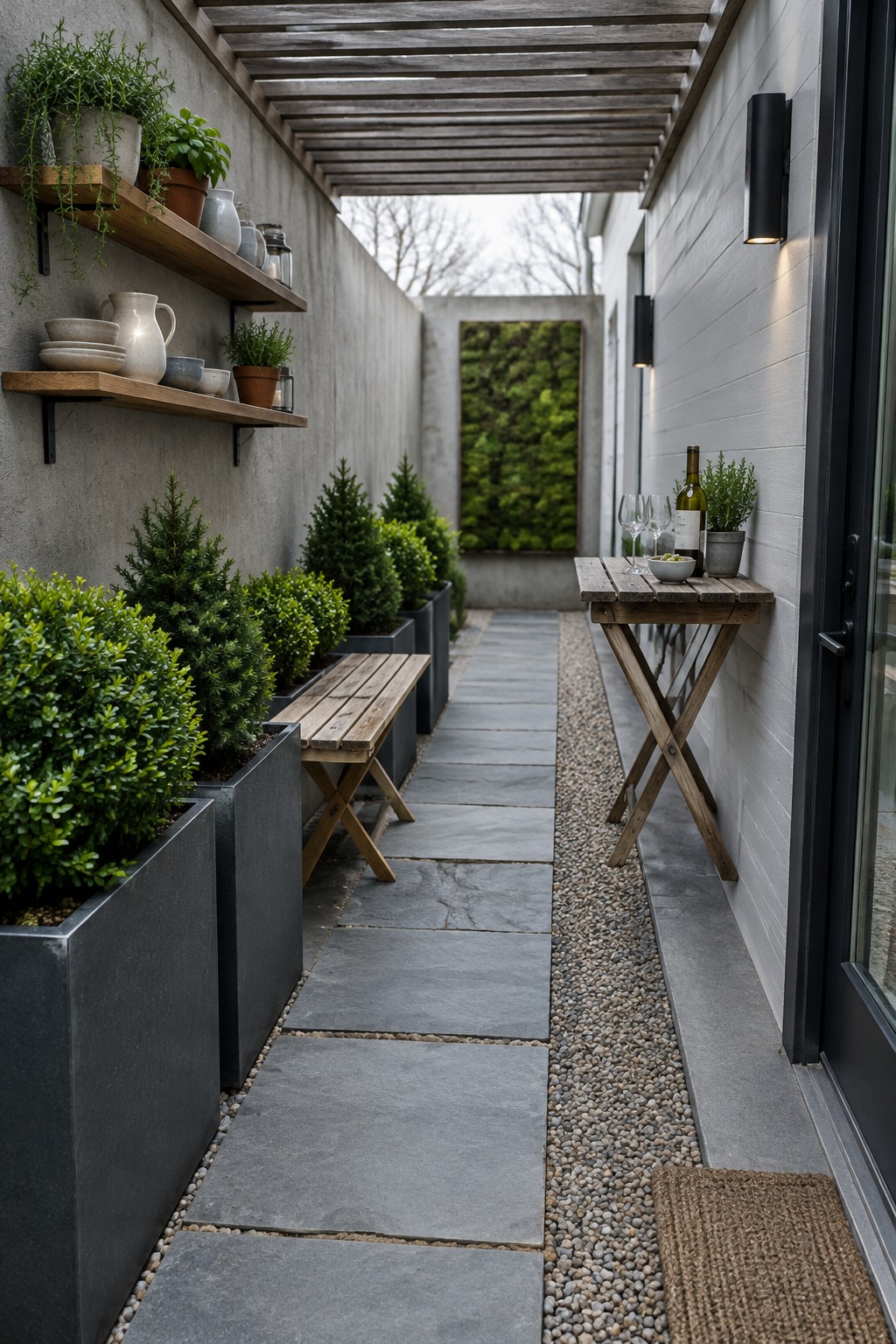 Large gray stepping stones run through a narrow patio with gravel borders, raised planters, wall shelves, and small wooden benches.