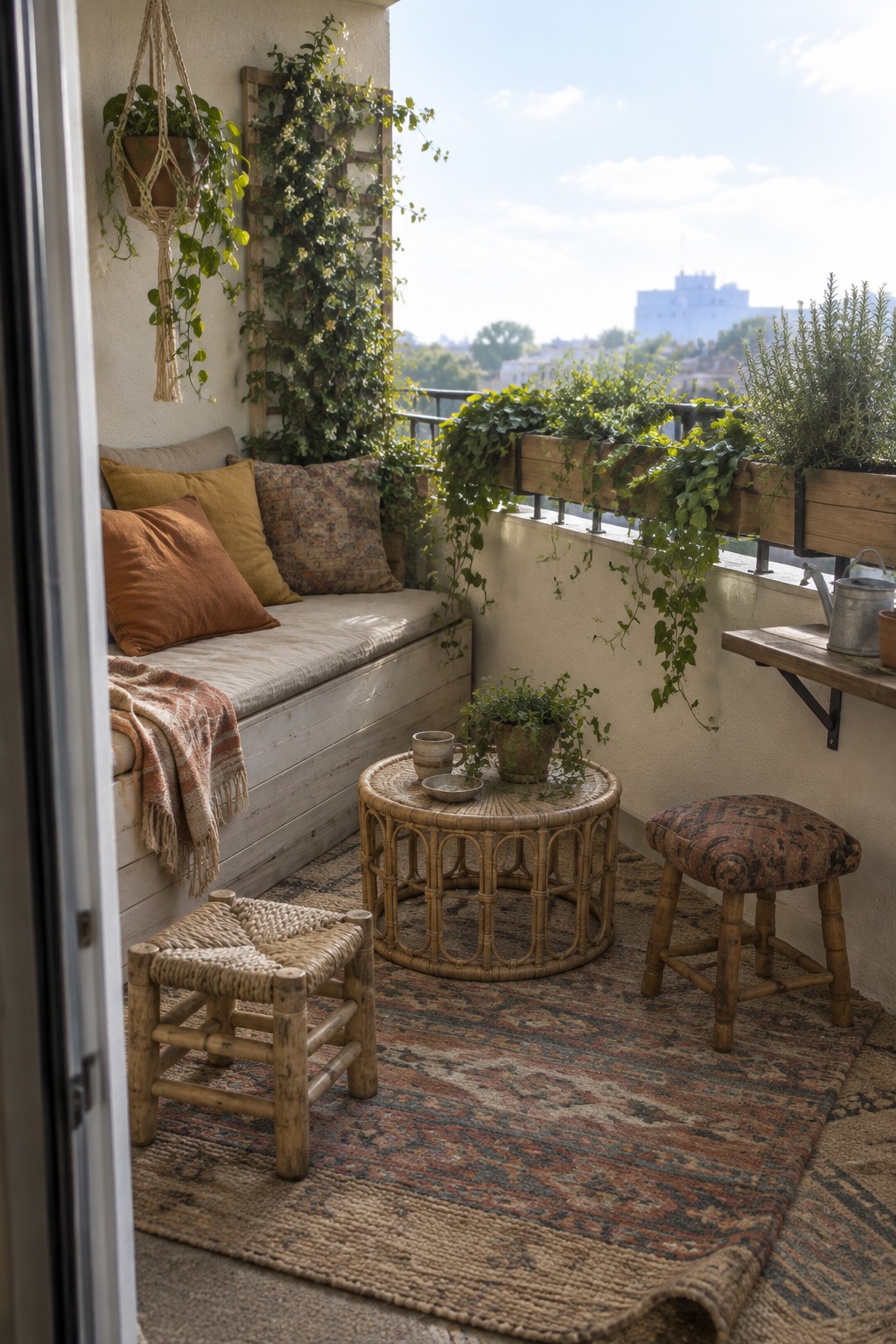 A narrow balcony has a built-in bench with cushions, a small round table, and plants along the railing.