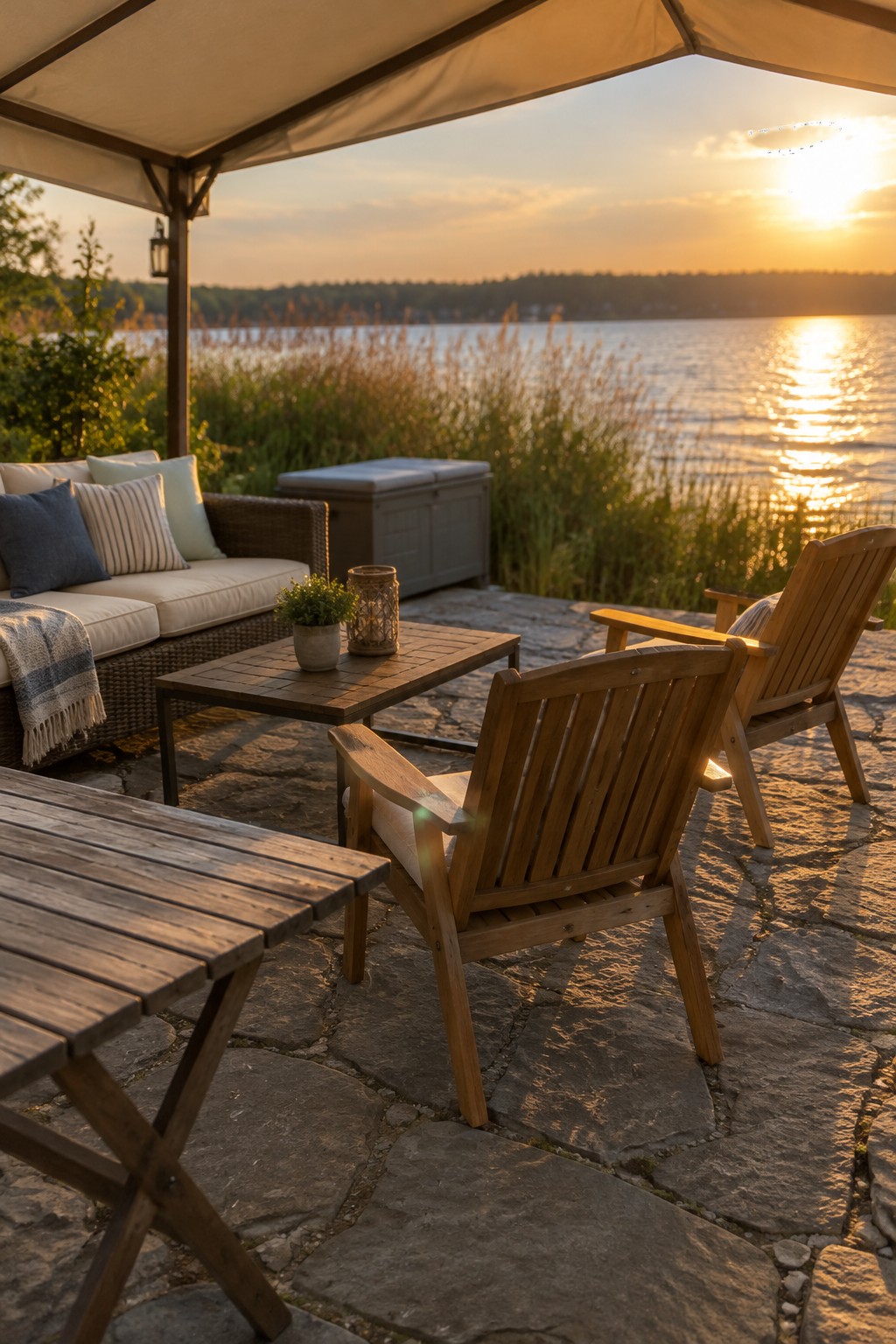 An open-sided gazebo shelters cushioned patio seating and wooden chairs beside a lake.