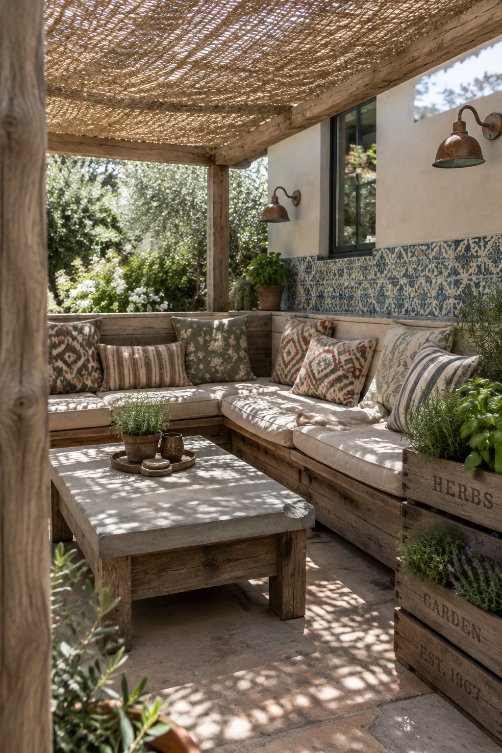 A timber patio with a woven overhead shade, built-in cushioned benches, a low table, and wooden herb planters.
