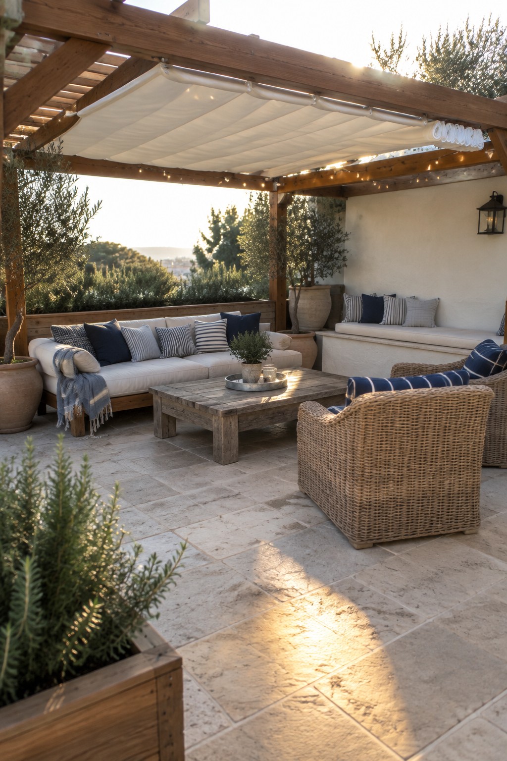 A white retractable fabric awning shades a patio seating area beneath a wooden pergola.