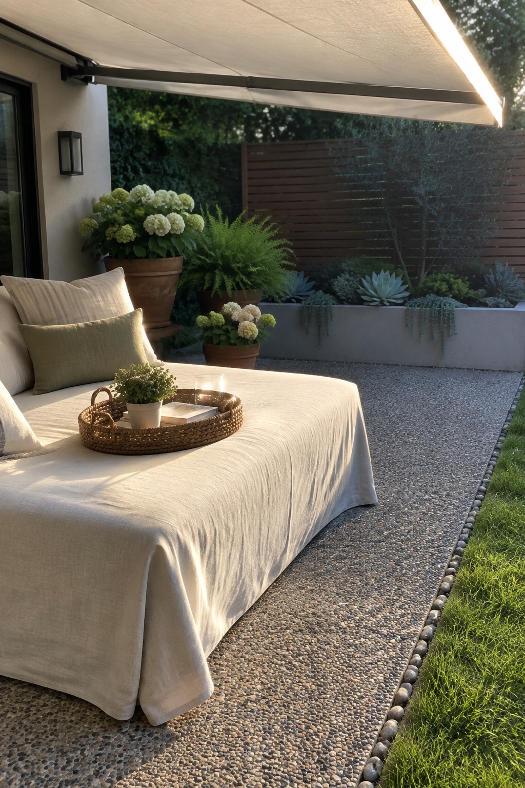 A cream retractable awning shades a cushioned outdoor daybed beside a garden patio.
