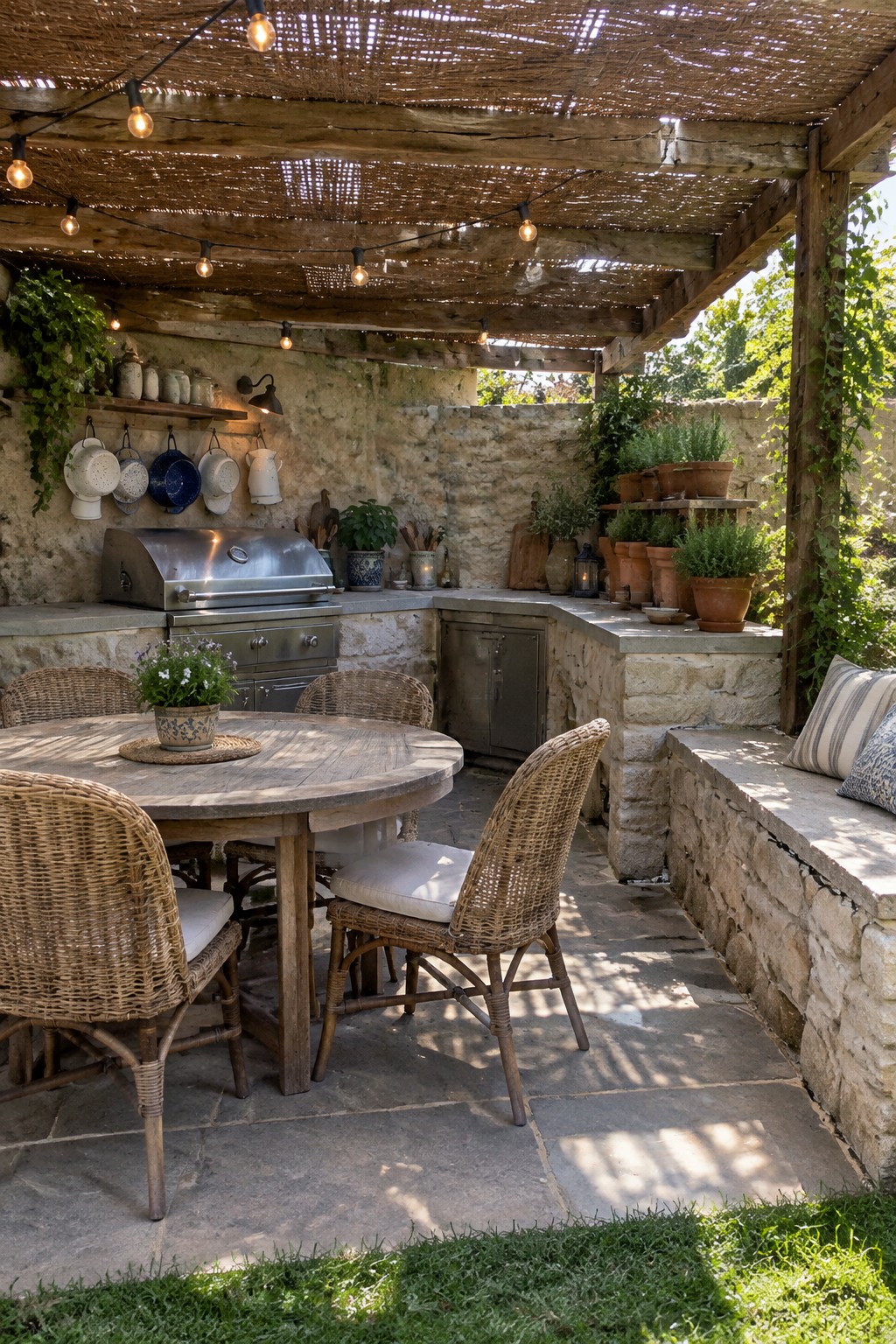 A stone patio dining area with a round wooden table, wicker chairs, and a timber pergola covered with woven reeds.