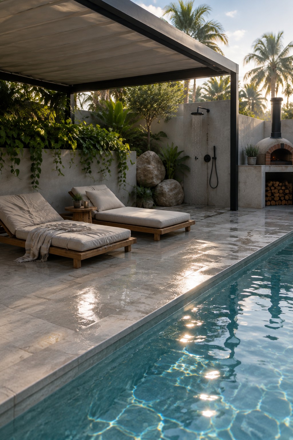 A roofed patio with two cushioned wooden loungers beside a swimming pool.