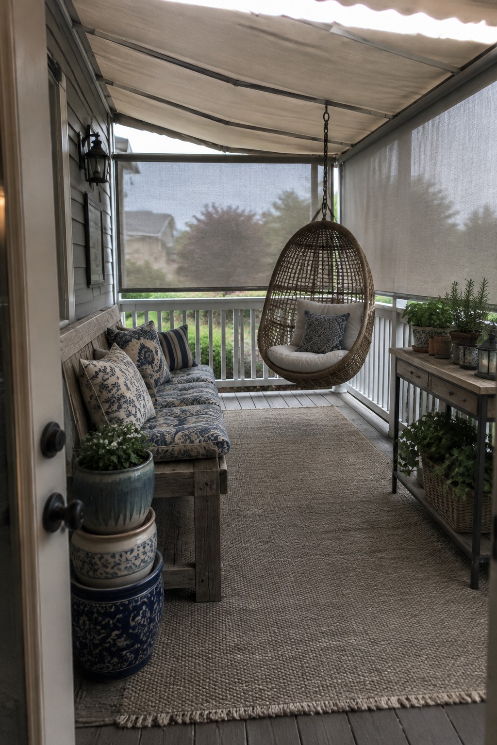 A covered porch with lowered mesh roller screens, a cushioned wooden bench, a hanging wicker chair, and potted plants.