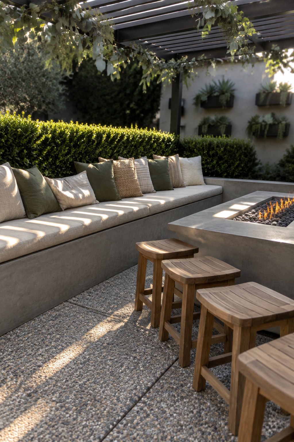 A built-in cushioned bench and concrete fire pit sit beneath a vine-covered pergola, with wooden stools on a pebble-finished patio.