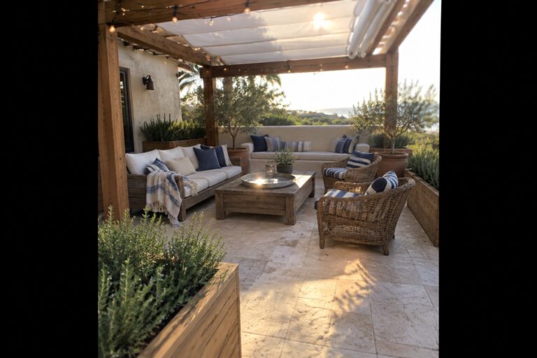 24 Practical Patio Garden Shade Ideas for Comfortable Outdoor Seating A white retractable fabric awning shades a patio seating area beneath a wooden pergola.