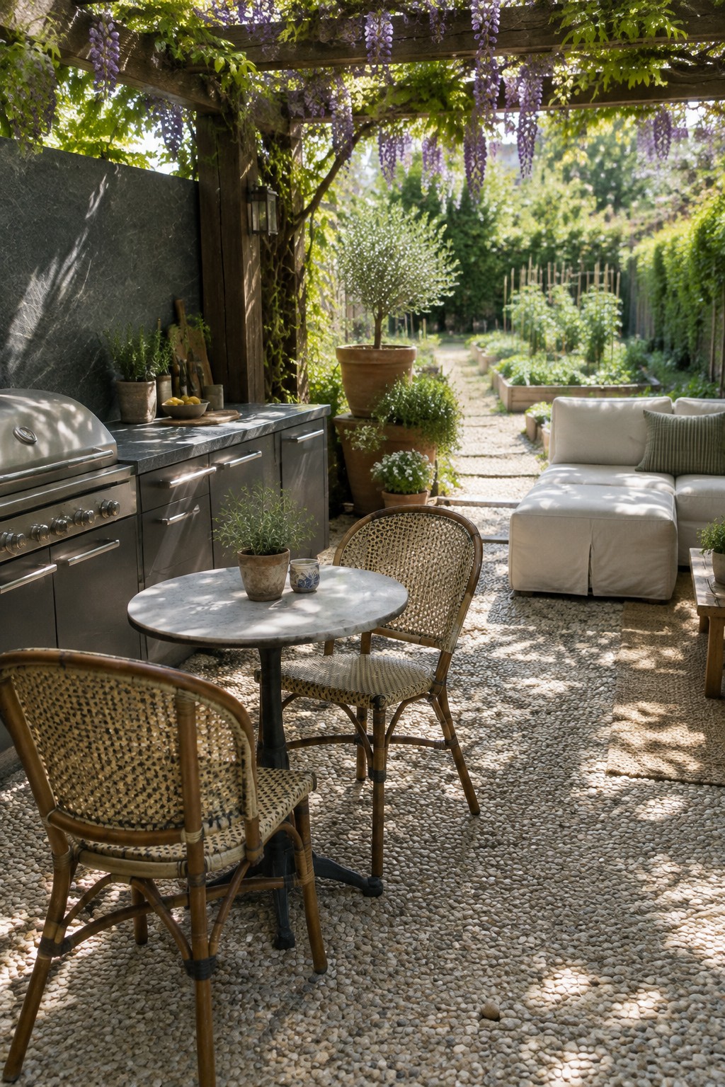 A garden patio with a pergola, outdoor kitchen, small dining table, woven chairs, and cushioned sofa.