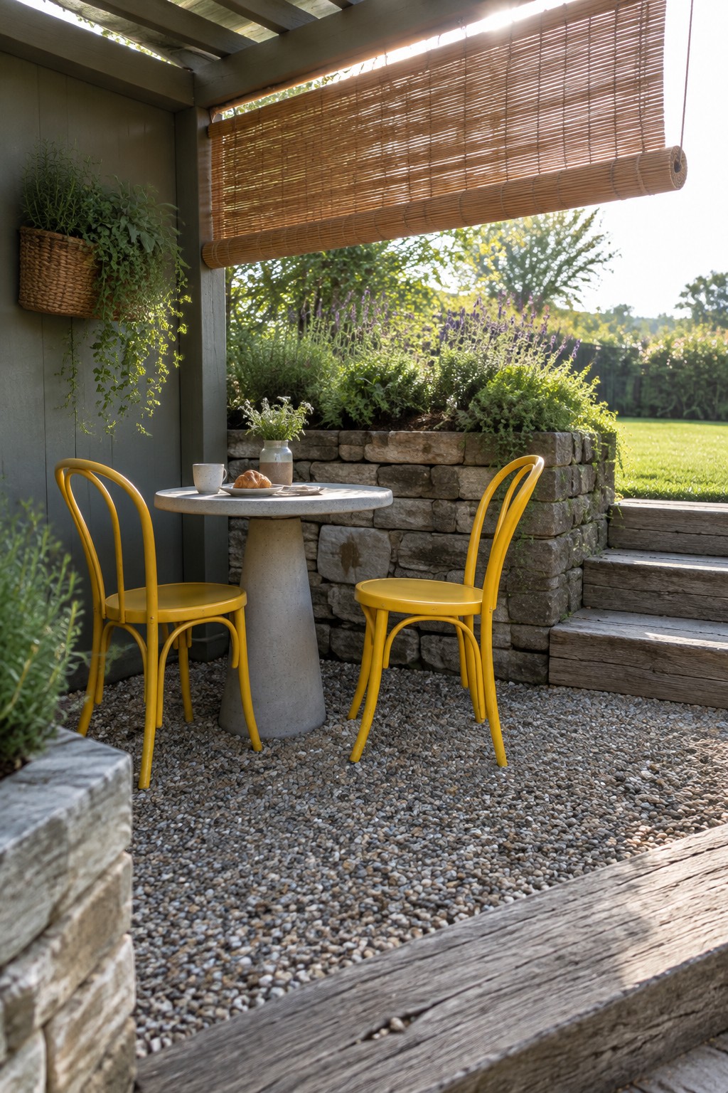 A rolled bamboo shade hangs above a small patio table and two yellow chairs beside a stone planter.