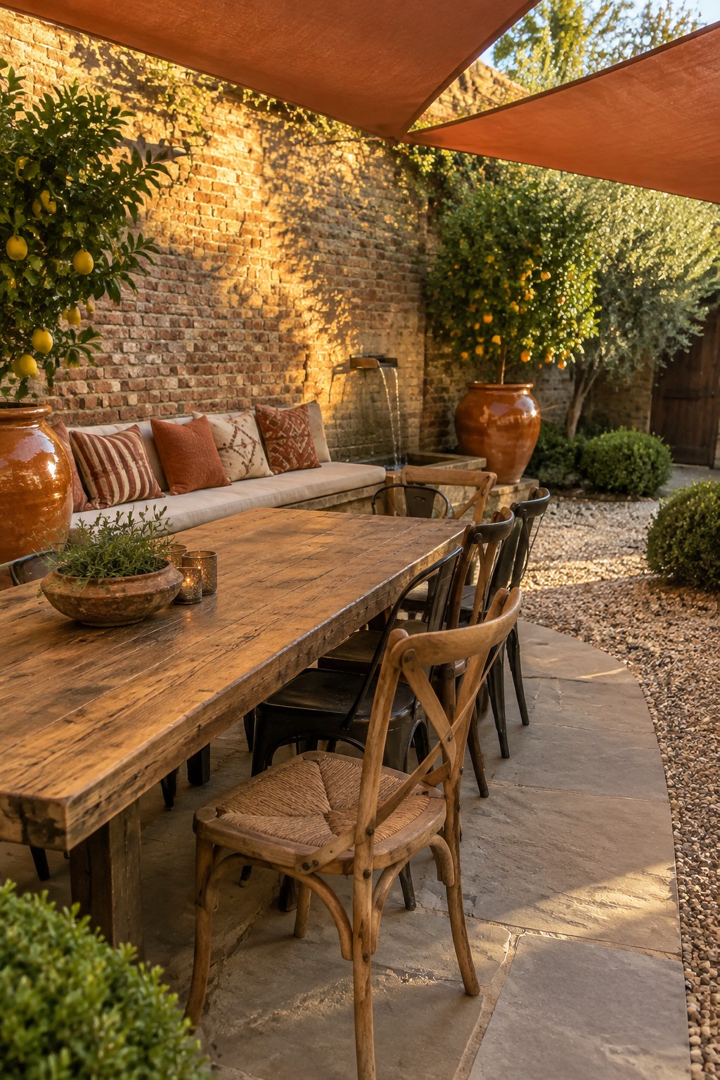A wooden dining table and chairs sit beneath rust-colored fabric canopies in a brick-walled patio garden.