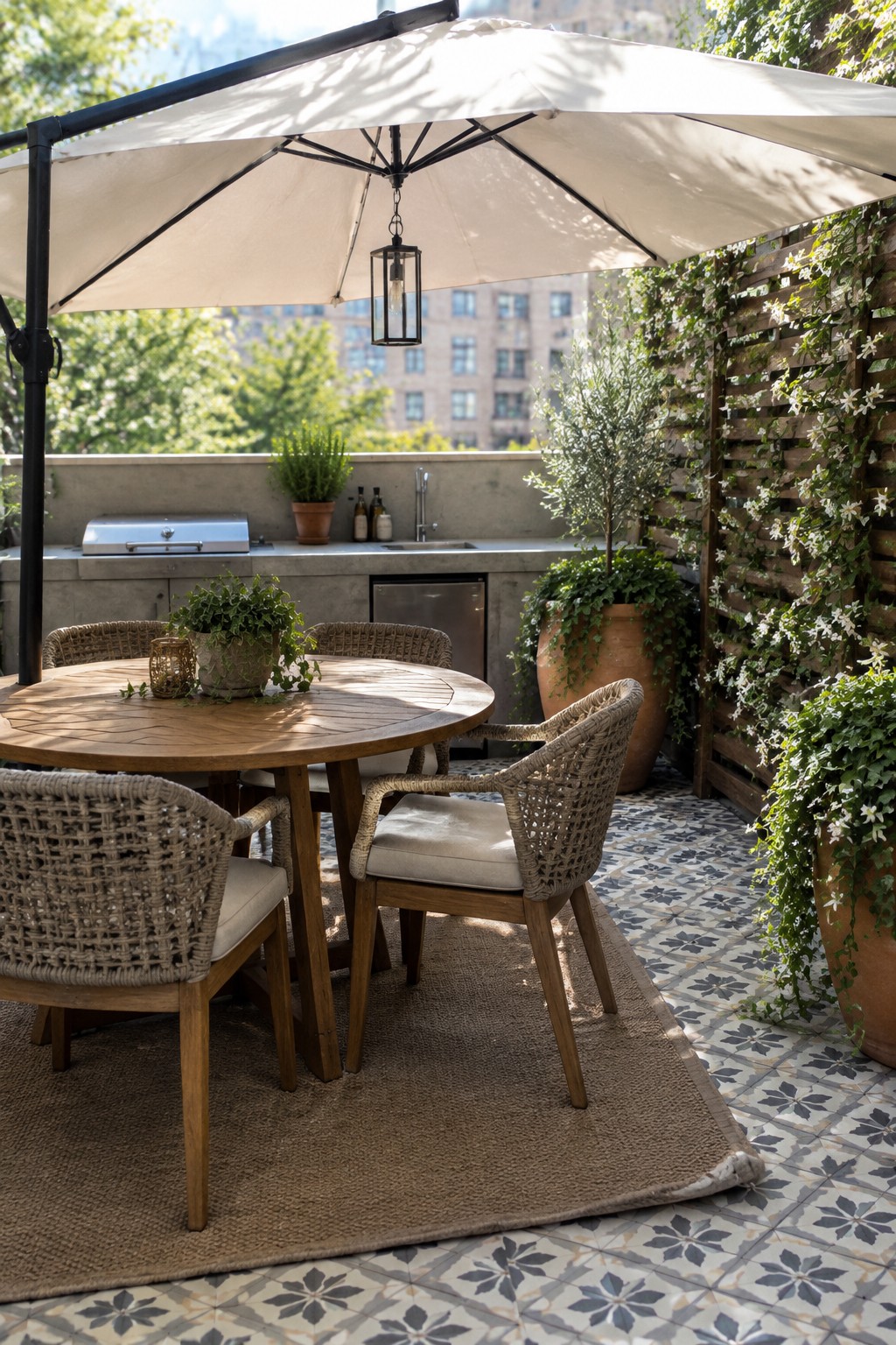 A round wooden patio table and woven chairs sit beneath a large cream cantilever umbrella.