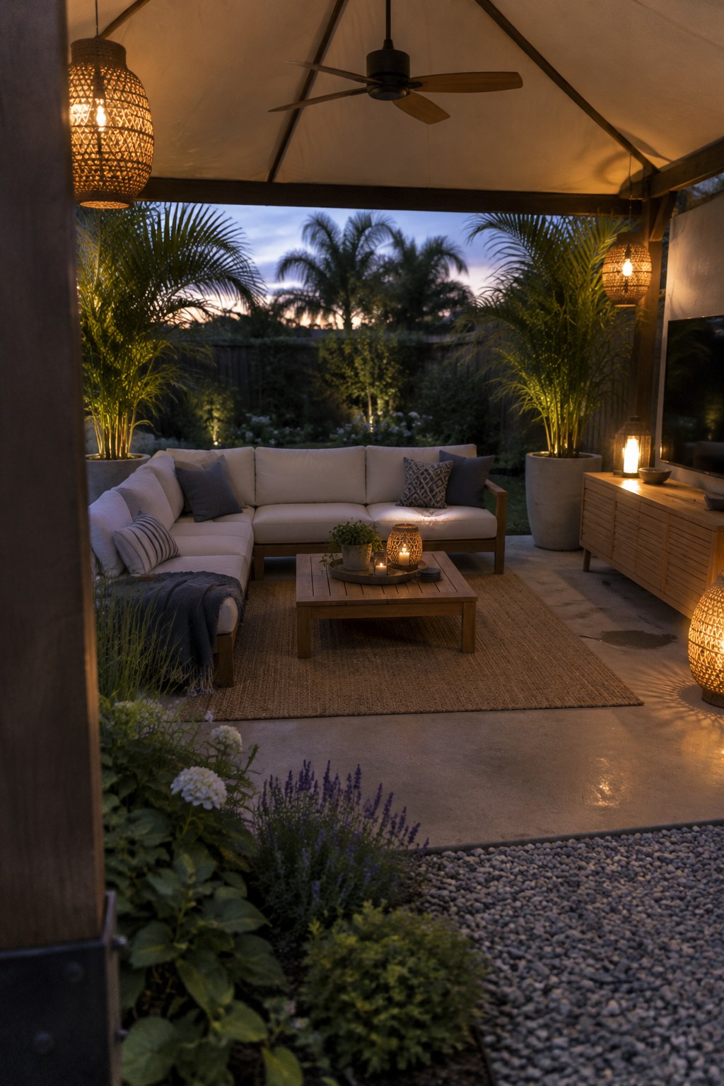A covered patio with a ceiling fan, wicker pendant lights, sectional seating, and a wooden coffee table beside a garden.