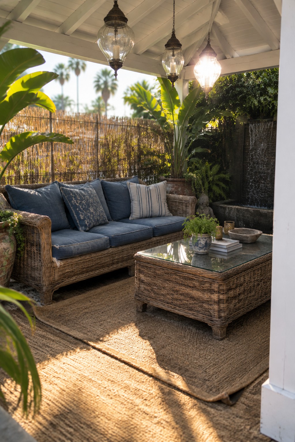 A wicker sofa with blue cushions and a glass-top coffee table sits beneath a white covered porch roof.