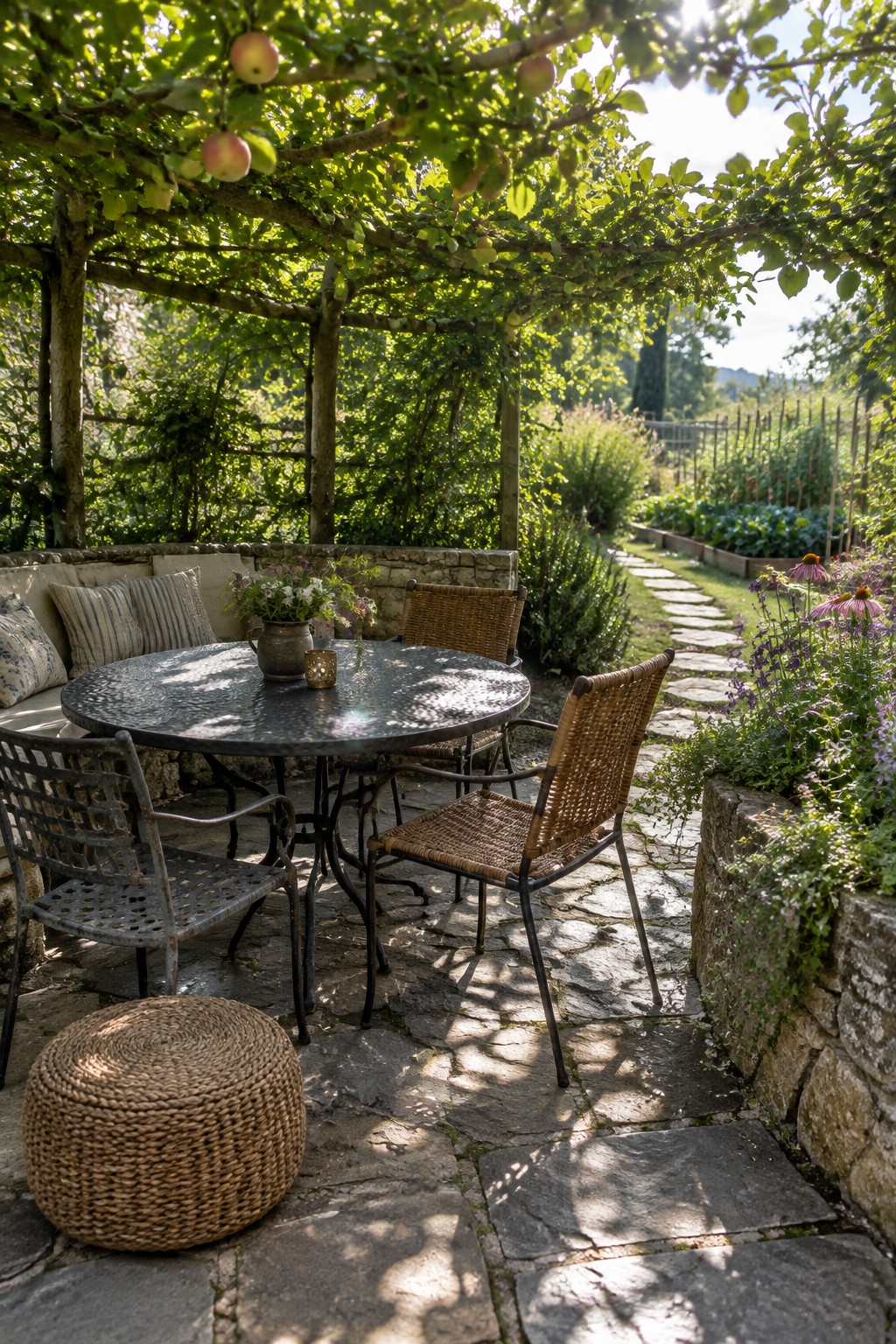 A round patio table and chairs sit beneath a leafy fruit tree with apples, beside a stone garden path.