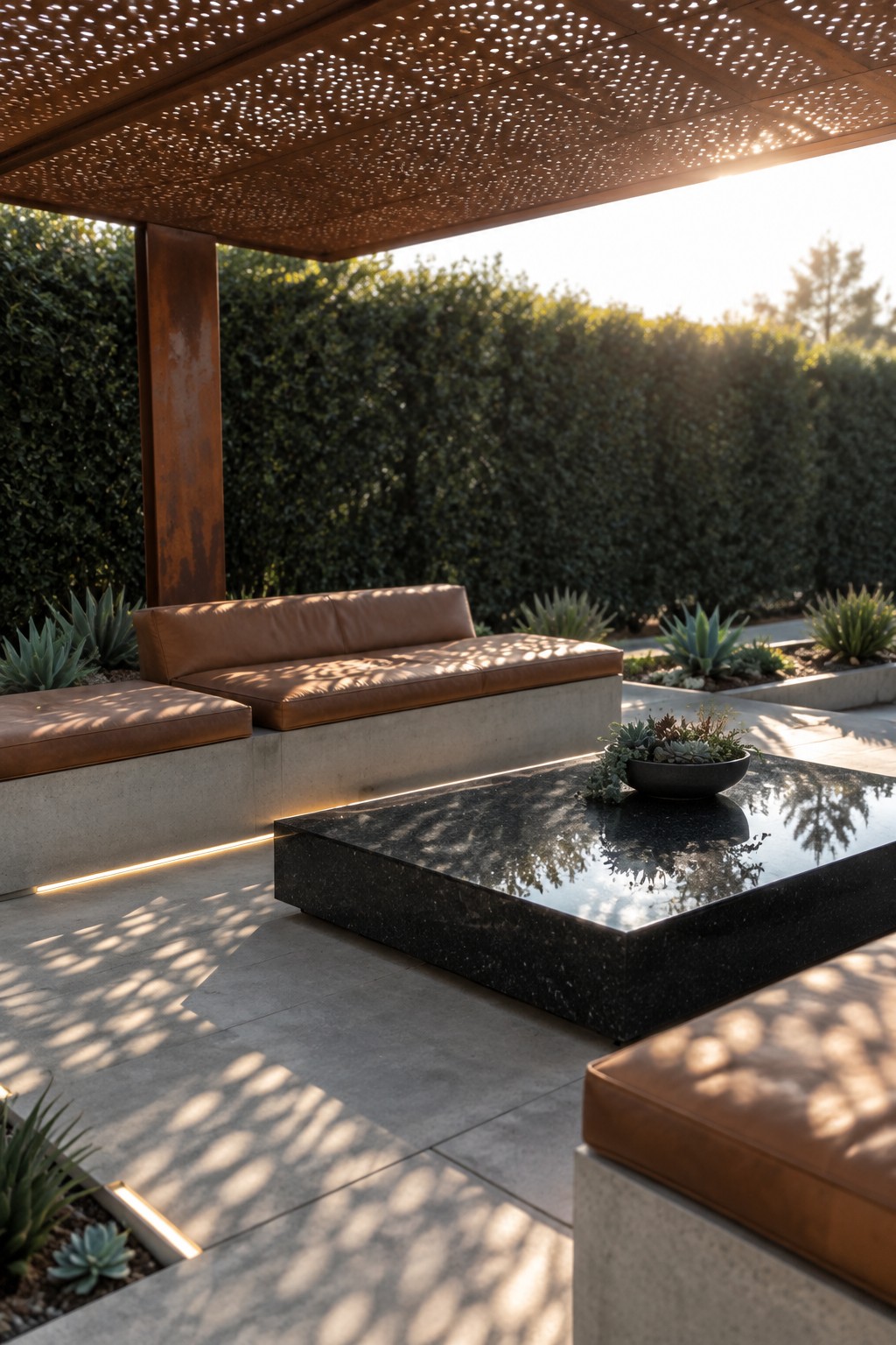 A patio with a perforated brown roof, built-in leather-cushioned seating, and a low black coffee table.