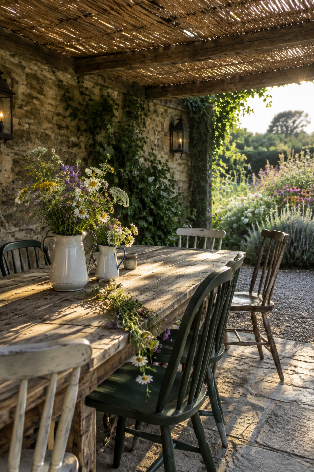 A rustic wooden pergola shades a long outdoor dining table beside a stone wall and garden.