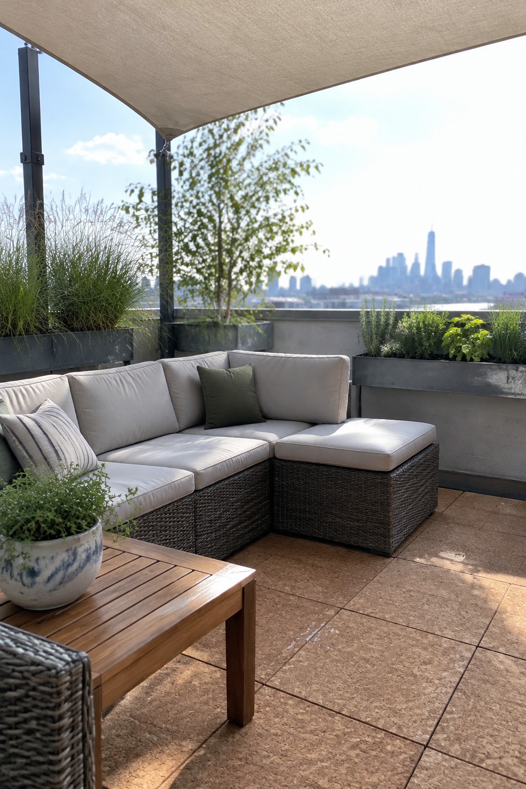 A light-colored shade sail covers a wicker sectional and wooden coffee table on a tiled patio with raised planters.