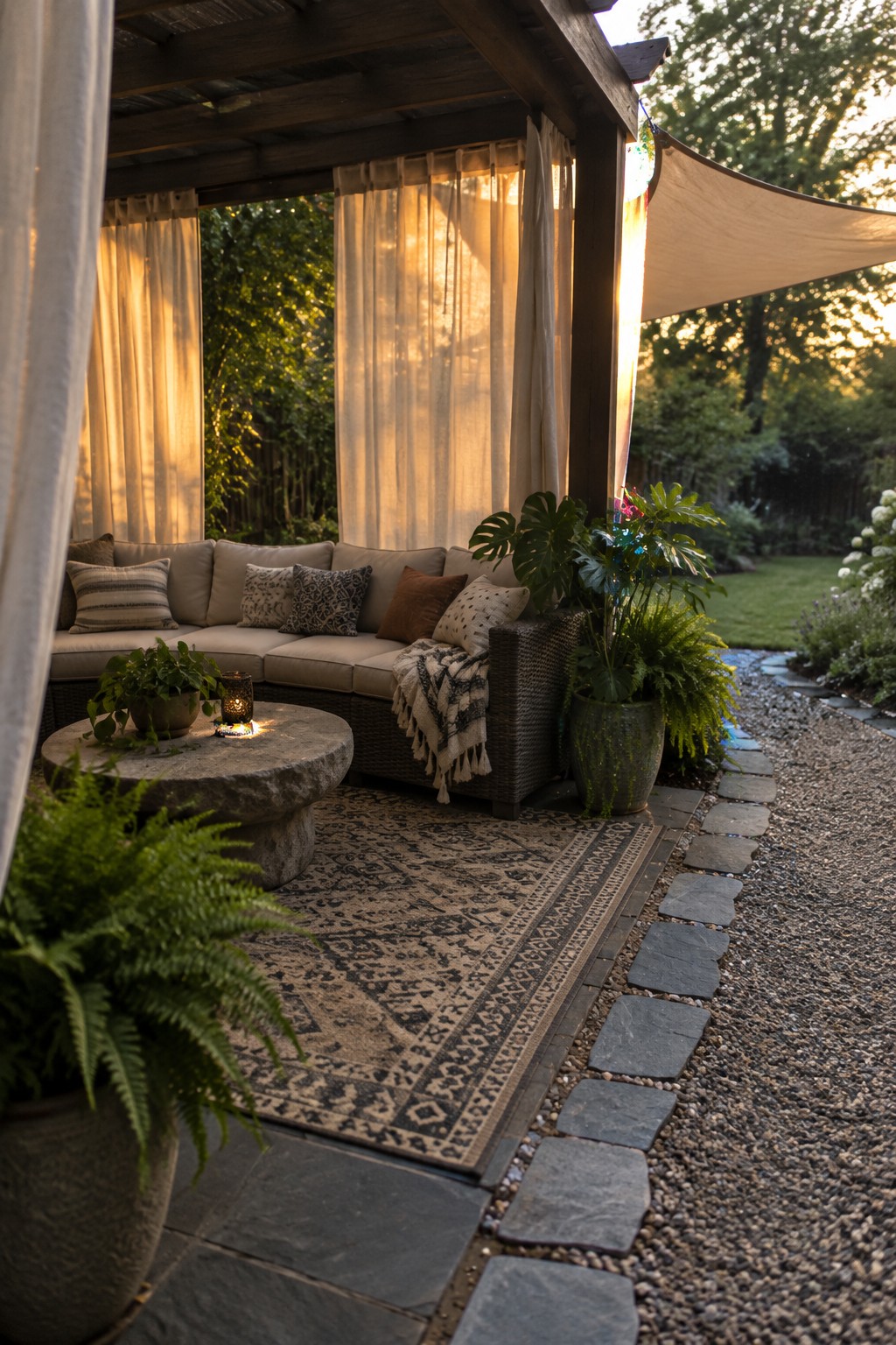 A covered patio with sheer curtains, a cushioned wicker sofa, and a stone path beside the seating area.