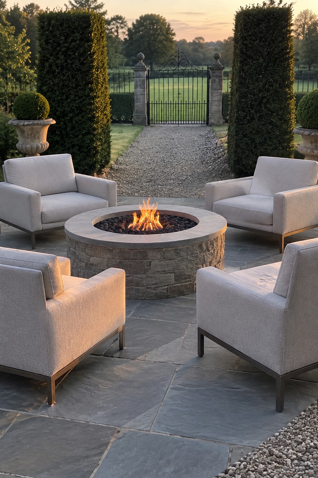 Four light-colored outdoor chairs surround a round stone fire pit on a paved patio.