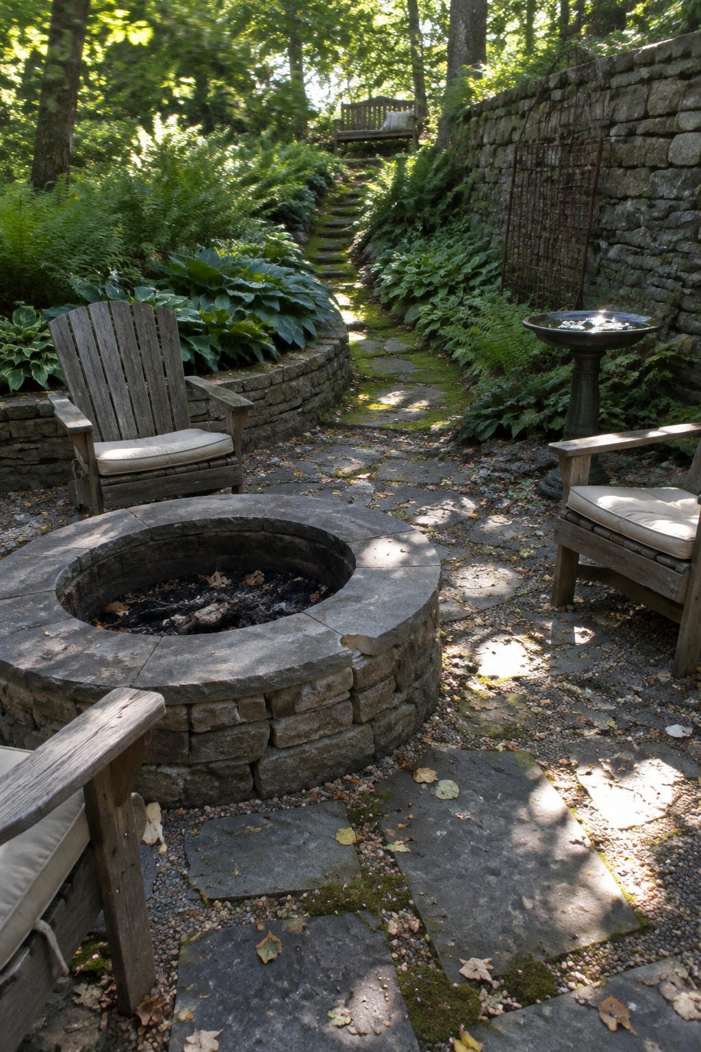 A circular stone fire pit sits among wooden chairs on a paved garden patio beside a stone retaining wall.